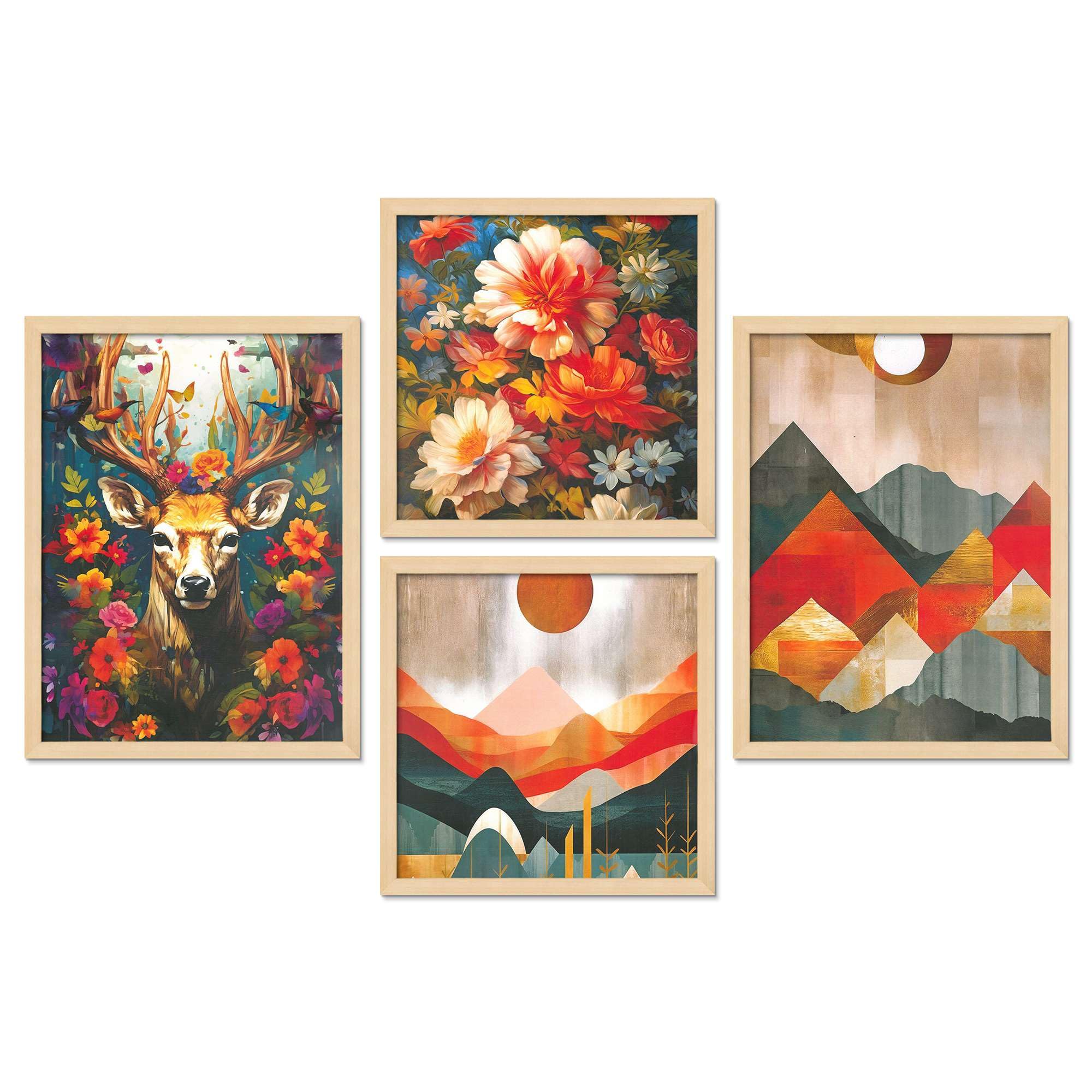 Deer, Floral & Mountain Wall Art Set – Vibrant Nature Canvas Prints in Orange & Red Tones | Modern Home Décor for Living Room, Bedroom & Office | Handmade in India ( 36X24 Inches ) (BLACKLUXE CRAFTS) - BLACKLUXECRAFTS