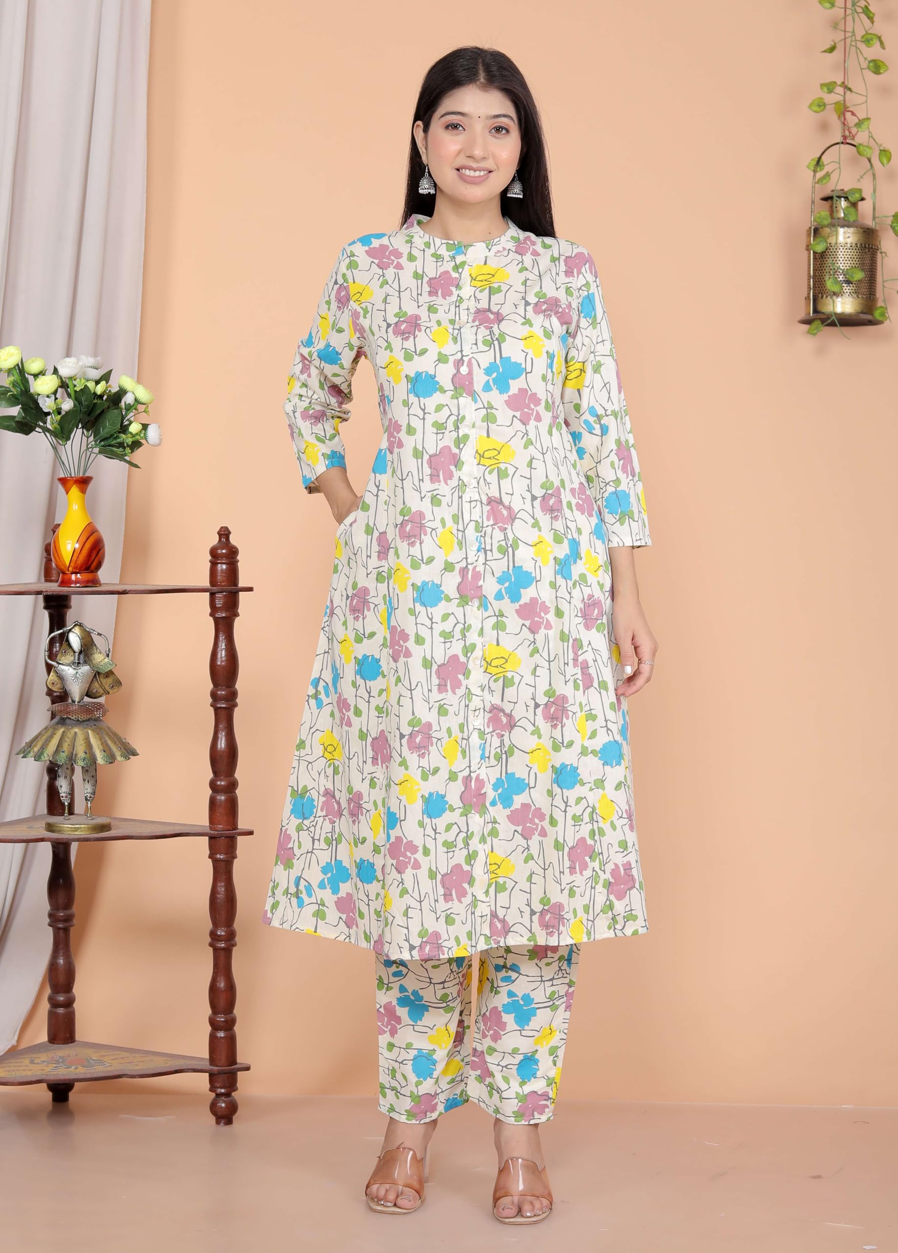 Women's Cotton Floral Printed Mandarin Collar A-Line Kurti with Pant (Cream)(BLACKLUXE CRAFTS) - BLACKLUXECRAFTS