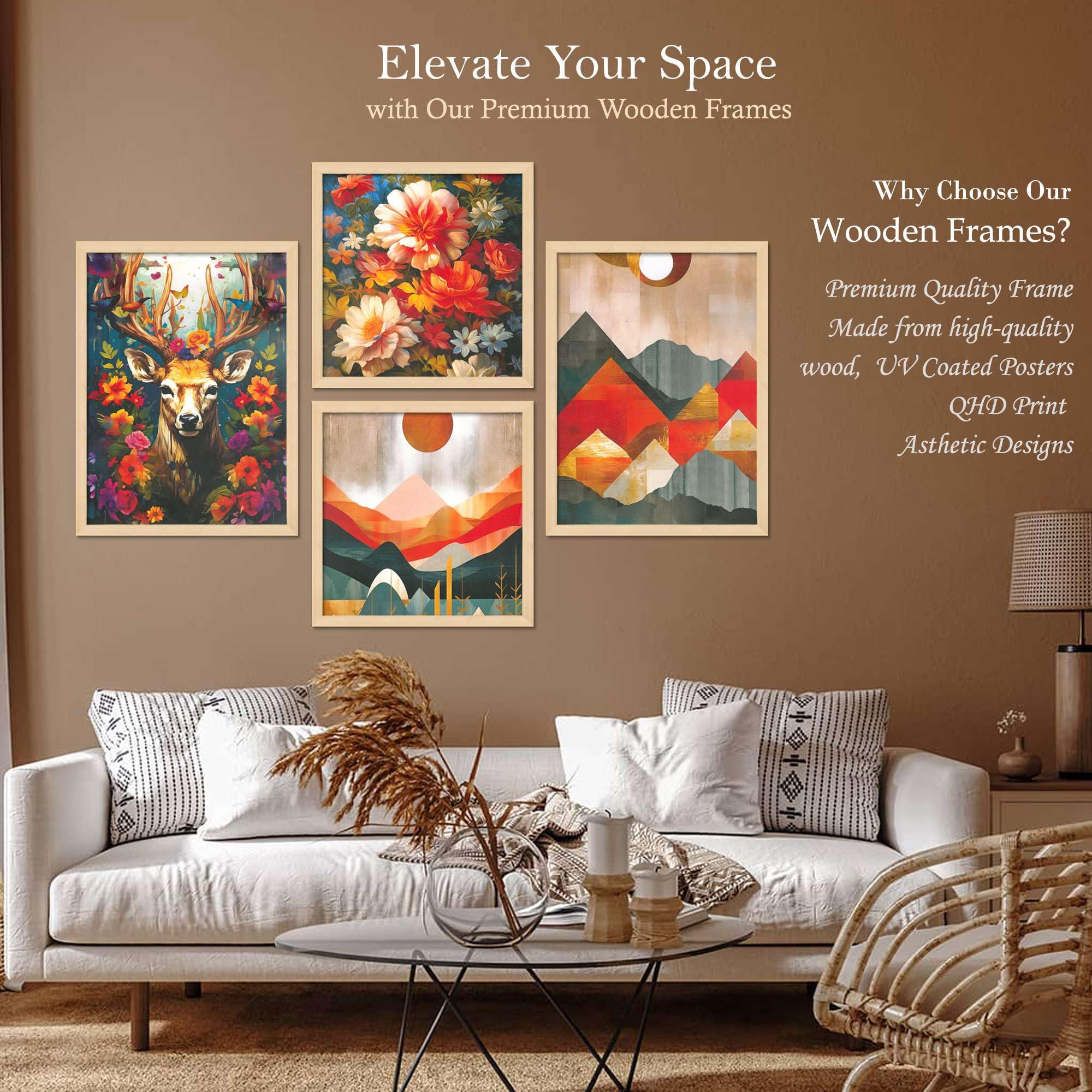 Deer, Floral & Mountain Wall Art Set – Vibrant Nature Canvas Prints in Orange & Red Tones | Modern Home Décor for Living Room, Bedroom & Office | Handmade in India ( 36X24 Inches ) (BLACKLUXE CRAFTS) - BLACKLUXECRAFTS
