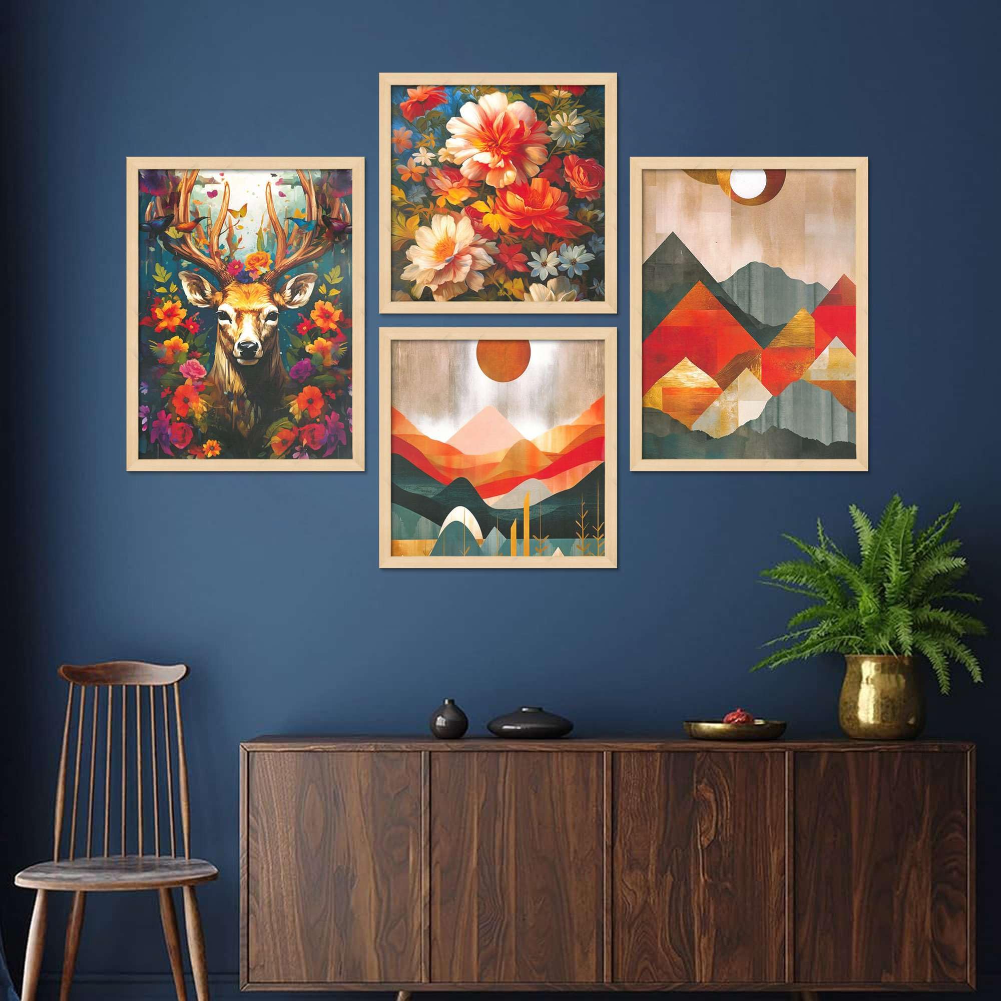 Deer, Floral & Mountain Wall Art Set – Vibrant Nature Canvas Prints in Orange & Red Tones | Modern Home Décor for Living Room, Bedroom & Office | Handmade in India ( 36X24 Inches ) (BLACKLUXE CRAFTS) - BLACKLUXECRAFTS