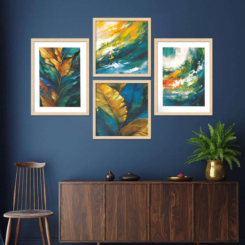 Abstract Leaf & Ocean Wall Art Set – Modern Nature Canvas Prints in Blue, Green & Gold | Luxury Home Décor for Living Room, Bedroom & Office | Handmade in India ( 36X24 Inches ) (BLACKLUXE CRAFTS) - BLACKLUXECRAFTS