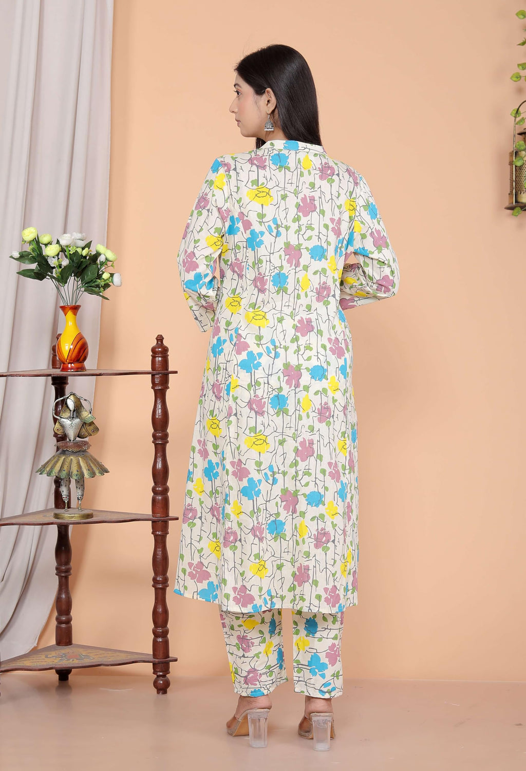 Women's Cotton Floral Printed Mandarin Collar A-Line Kurti with Pant (Cream)(BLACKLUXE CRAFTS) - BLACKLUXECRAFTS