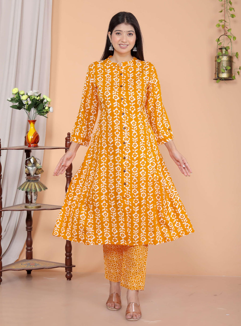 Women's Cotton Floral Printed Mandarin Collar A-Line Kurti with Pant (Orange) (BLACKLUXE CRAFTS) - BLACKLUXECRAFTS