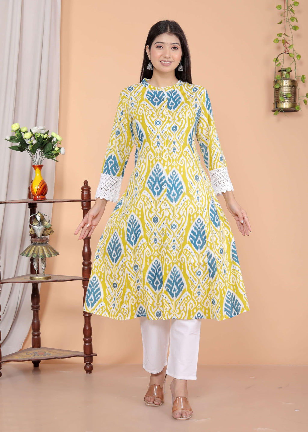 Women's Cotton Printed Mandarin Collar A-Line Kurti with Pant (Lemon) (BLACKLUXE CRAFTS) - BLACKLUXECRAFTS