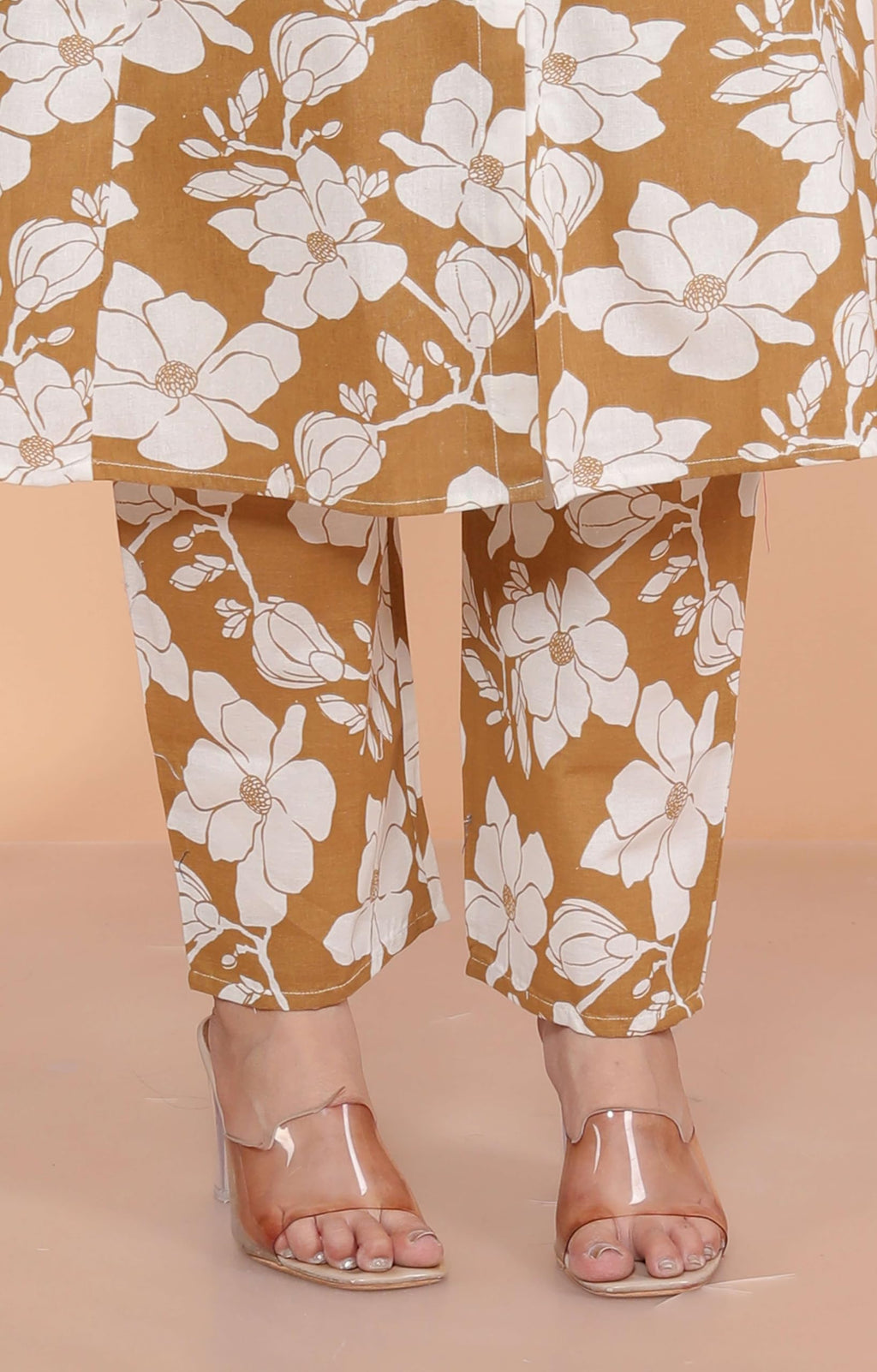 Women's Cotton Floral Printed Mandarin Collar A-Line Kurti with Pant (Brown) (BLACKLUXE CRAFTS) - BLACKLUXECRAFTS