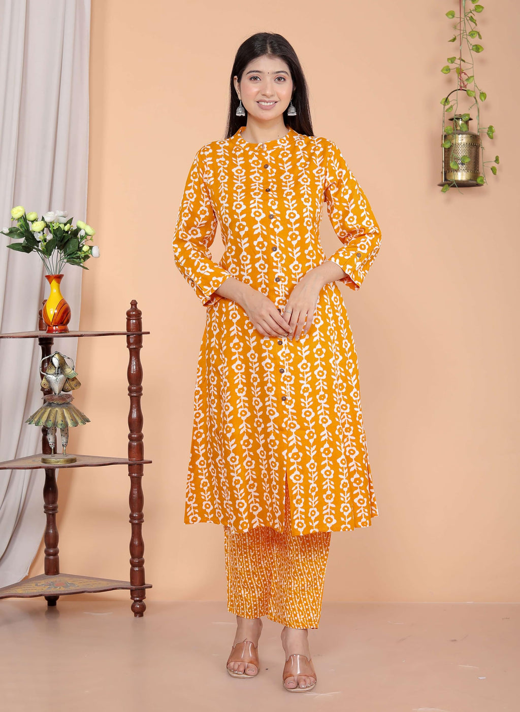 Women's Cotton Floral Printed Mandarin Collar A-Line Kurti with Pant (Orange) (BLACKLUXE CRAFTS) - BLACKLUXECRAFTS