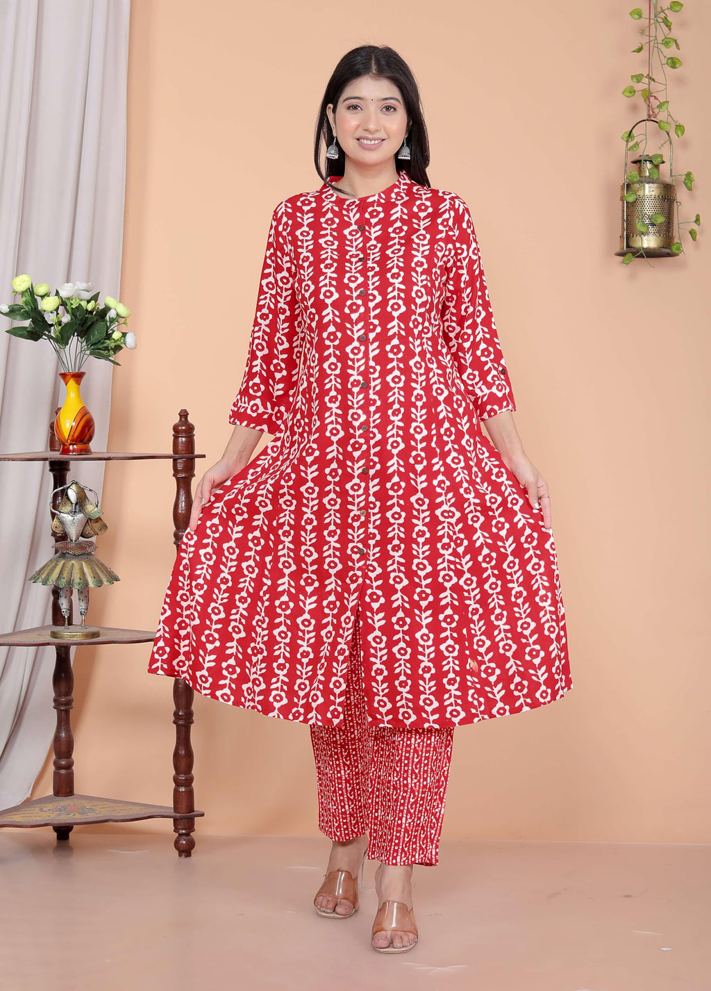 Women's Rayon Floral Printed Mandarin Collar A-Line Kurti with Trousers (Red)(BLACKLUXE CRAFTS) - BLACKLUXECRAFTS