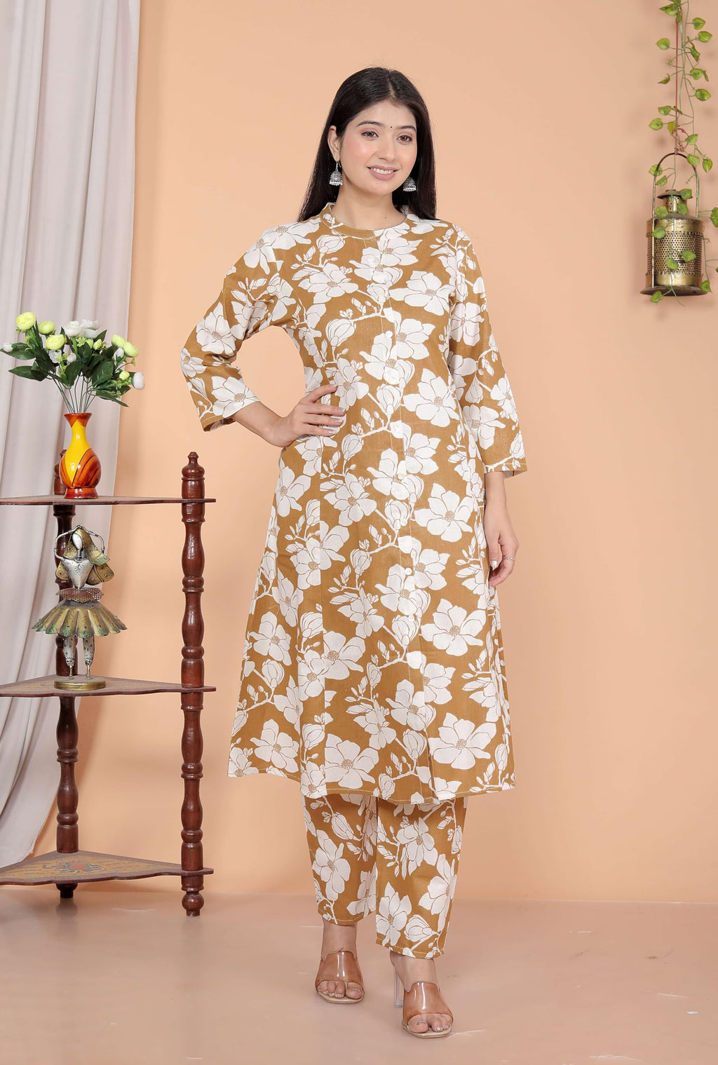 Women's Cotton Floral Printed Mandarin Collar A-Line Kurti with Pant (Brown) (BLACKLUXE CRAFTS) - BLACKLUXECRAFTS