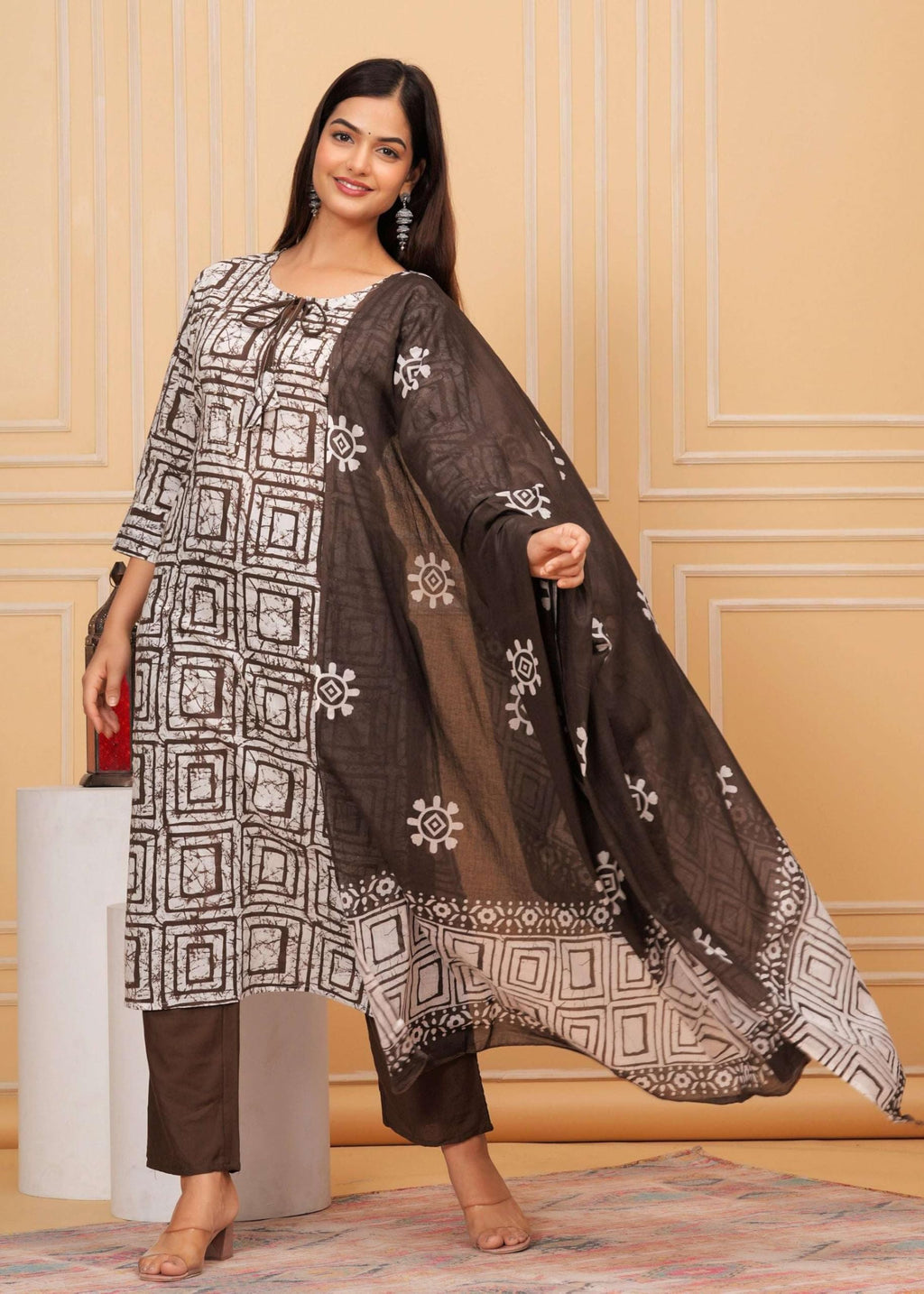 Brown & White Printed Kurta Set with Dupatta | Elegant Ethnic Suit for Women | Cotton Blend Casual & Festive Wear (BLACKLUXE CRAFTS) - BLACKLUXECRAFTS