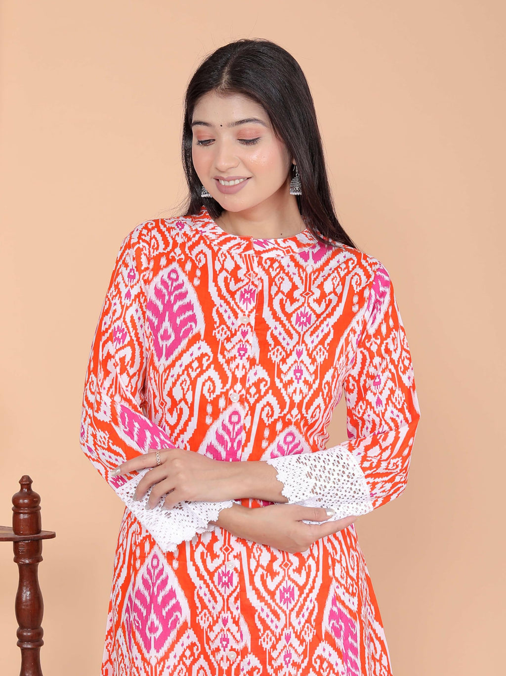 Women's Cotton Printed Mandarin Collar A-Line Kurti with Pant (Orange) (BLACKLUXE CRAFTS) - BLACKLUXECRAFTS