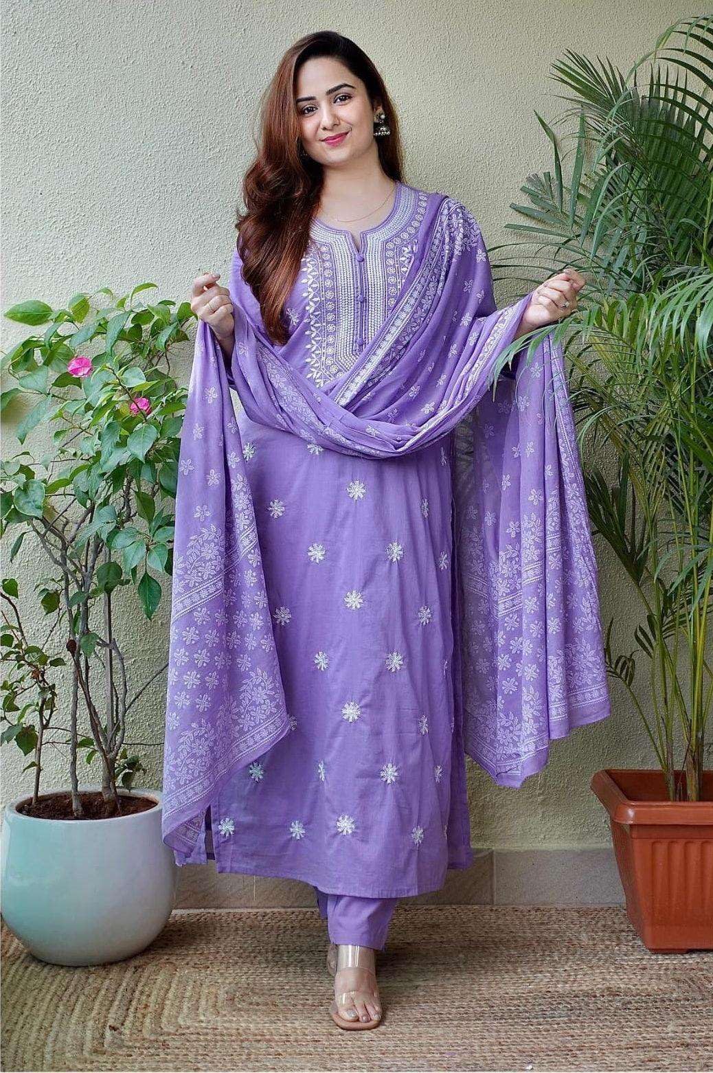 Elegant Lavender Cotton Anarkali Kurta Set with Dupatta – Hand Embroidered Ethnic Wear for Women (BLACKLUXE CRAFTS) - BLACKLUXECRAFTS