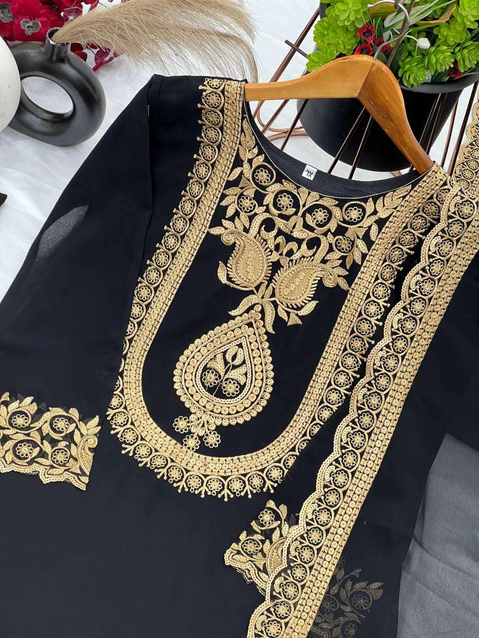 Women's Faux Georgette Ensemble with Embroidery & Sequence Work Kurti With Sharara and Dupatta Set (BLACKLUXE CRAFTS) - BLACKLUXECRAFTS