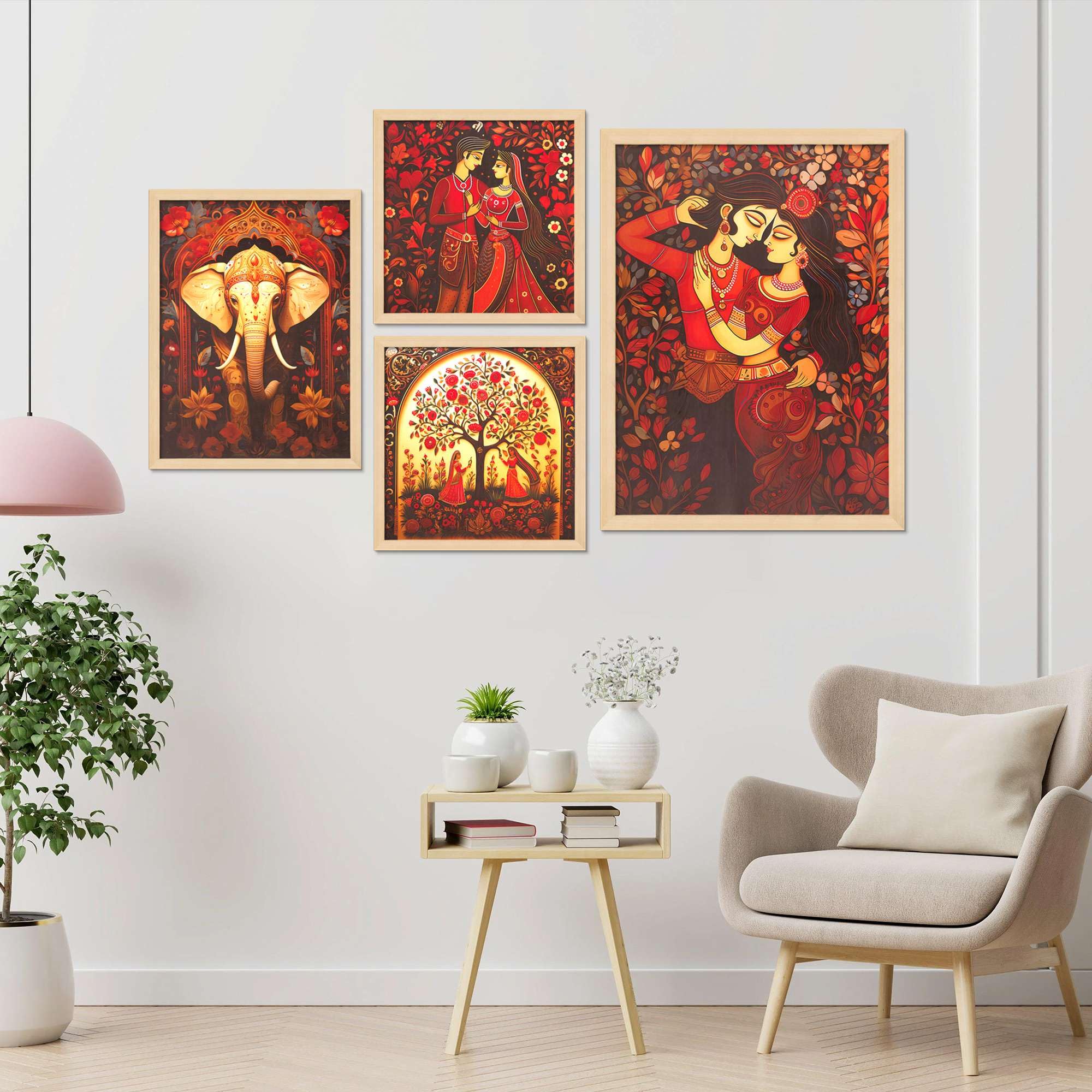 Traditional Indian Wall Art Set – Radha Krishna, Elephant & Tree of Life Paintings | Vibrant Handmade Canvas Prints for Living Room, Bedroom & Office | Spiritual Home Decor, Made in India ( 36X24 Inches ) (BLACKLUXE CRAFTS) - BLACKLUXECRAFTS