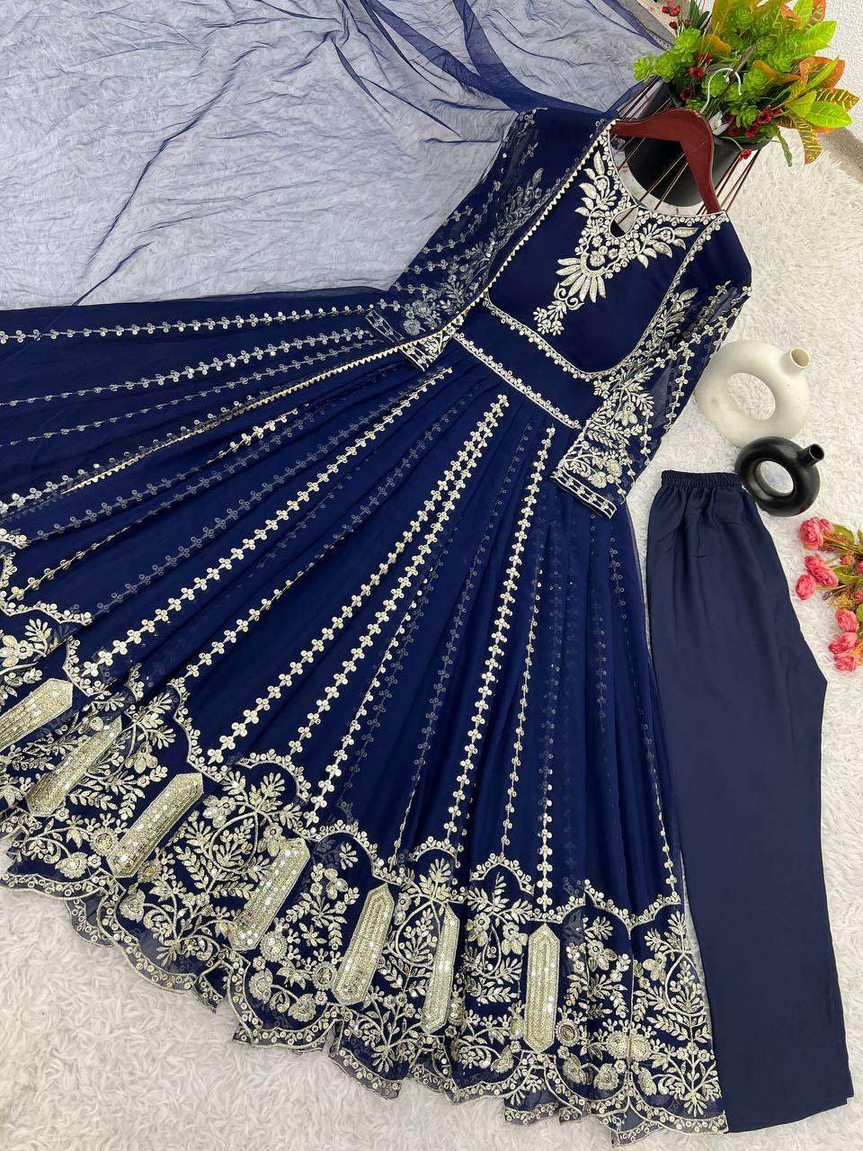 Women's Faux Georgette Embroidered Sequence Work Anarkali Kurti Gown with Net Dupatta (BLACKLUXE CRAFTS) - BLACKLUXECRAFTS