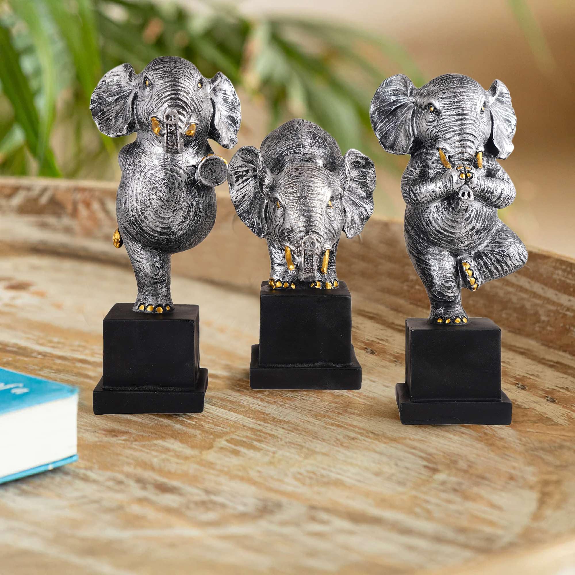 Silver Yoga Elephant Figurine Set – Handcrafted Resin Elephant Statues for Meditation, Luck & Modern Home Décor (Set Of 3) (BLACKLUXE CRAFTS) - BLACKLUXECRAFTS