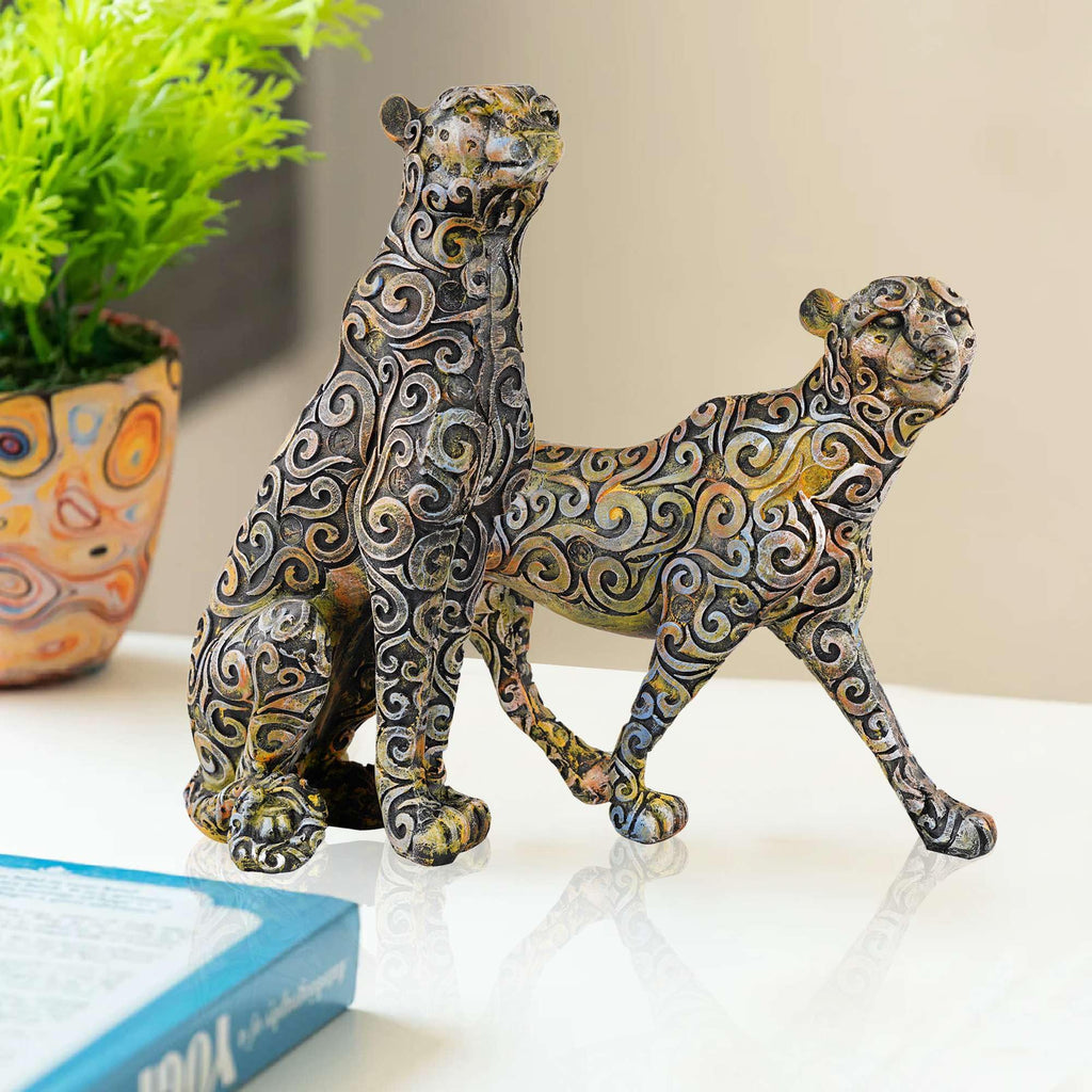 Handmade Colorful Leopard Figurines Set – Artistic Resin Cheetah Statues with Intricate Carved Patterns for Modern Home Décor Set Of Two (BLACKLUXE CRAFTS) - BLACKLUXECRAFTS