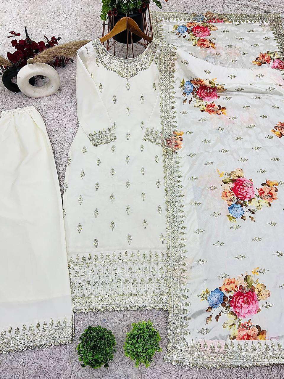 Women's Chinnon Silk Embroidered Straight Kurti with Pant & Dupatta Set (BLACKLUXE CRAFTS) - BLACKLUXECRAFTS