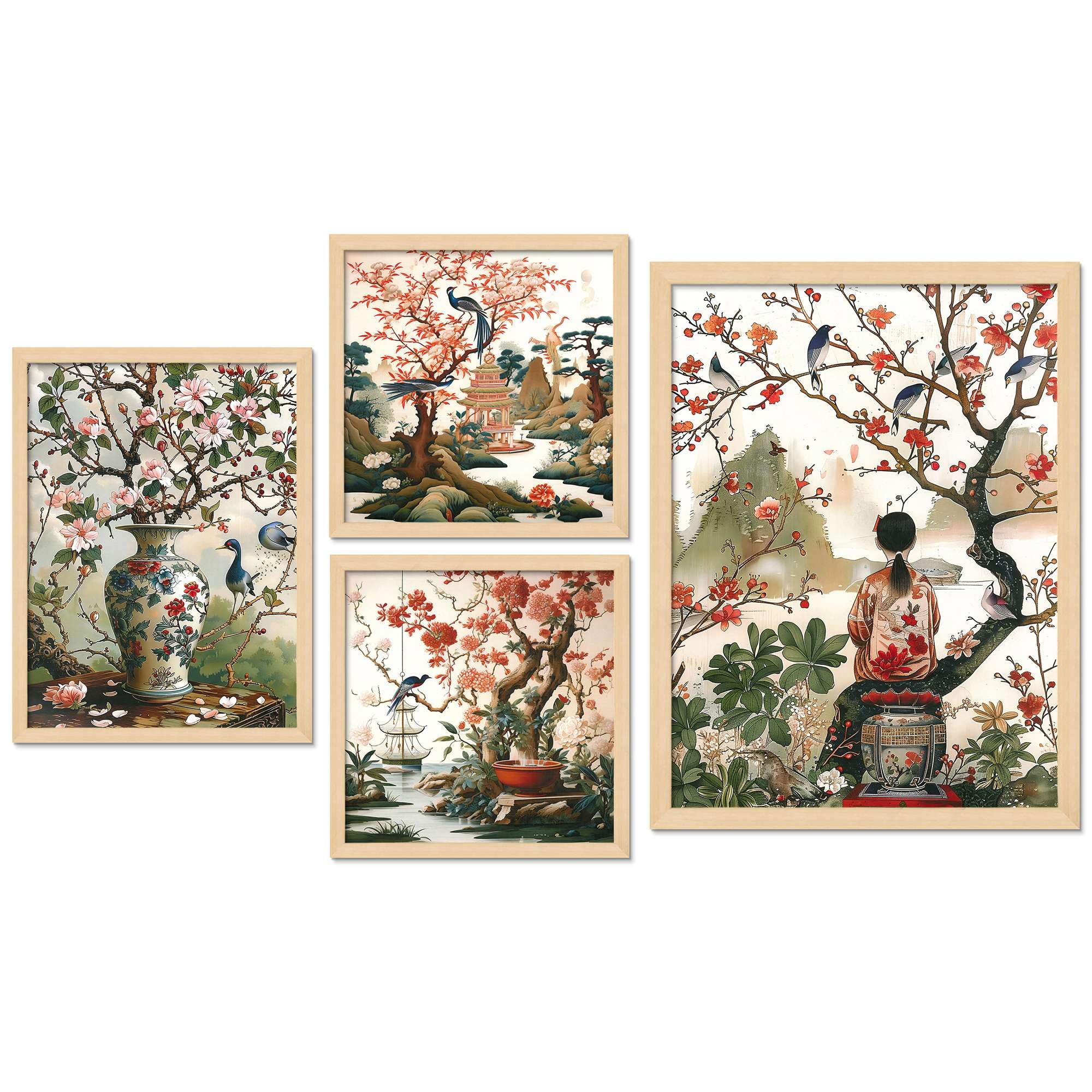 Oriental Cherry Blossom Wall Art Set of 4 | Japanese Chinese Style Canvas Prints with Birds & Nature | Elegant Asian Wall Decor for Living Room & Bedroom ( 36X24 Inches ) (BLACKLUXE CRAFTS) - BLACKLUXECRAFTS