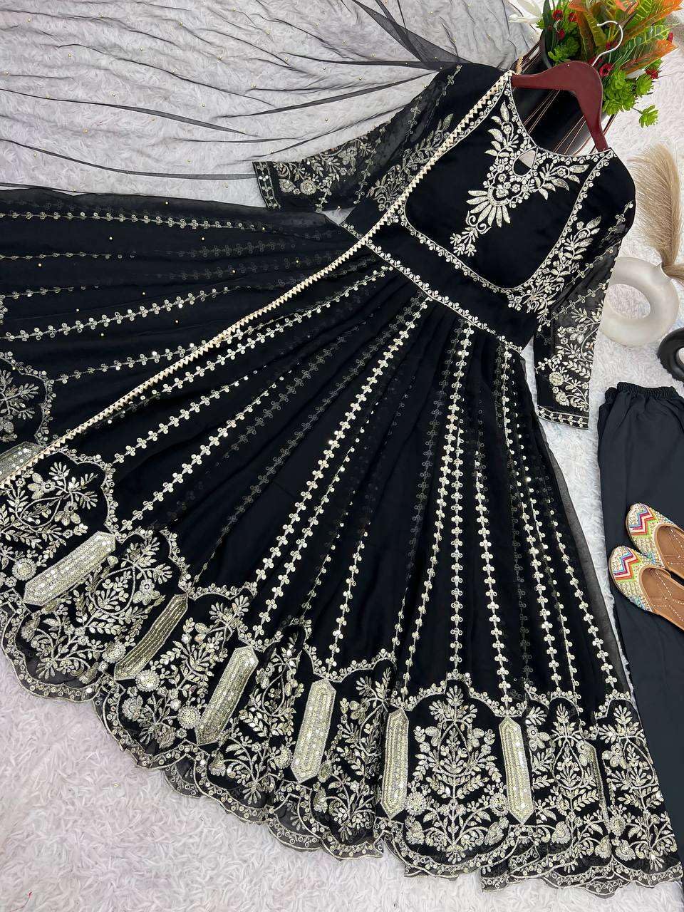 Women's Faux Georgette Embroidered Sequence Work Anarkali Kurti Gown with Net Dupatta (BLACKLUXE CRAFTS) - BLACKLUXECRAFTS