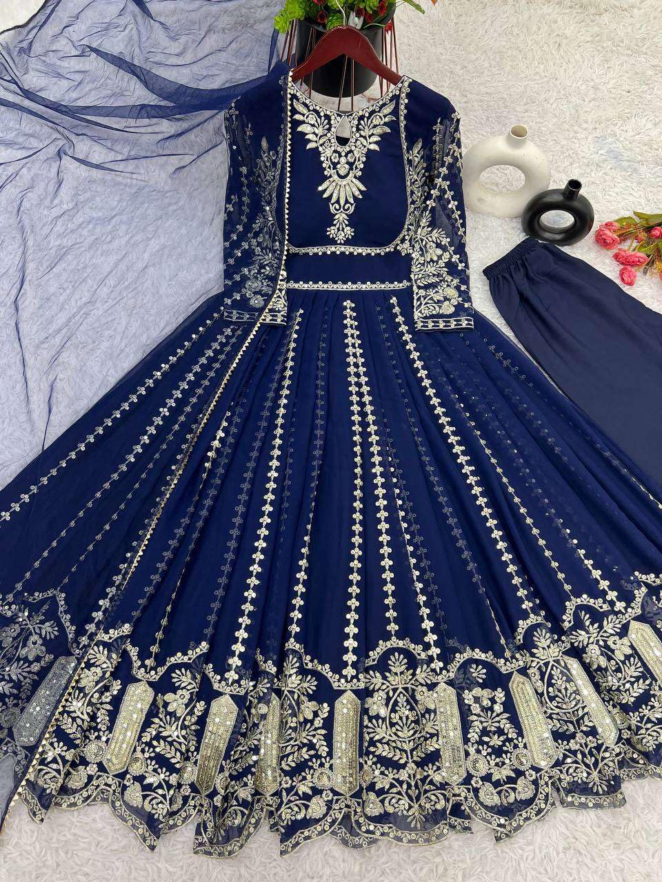 Women's Faux Georgette Embroidered Sequence Work Anarkali Kurti Gown with Net Dupatta (BLACKLUXE CRAFTS) - BLACKLUXECRAFTS