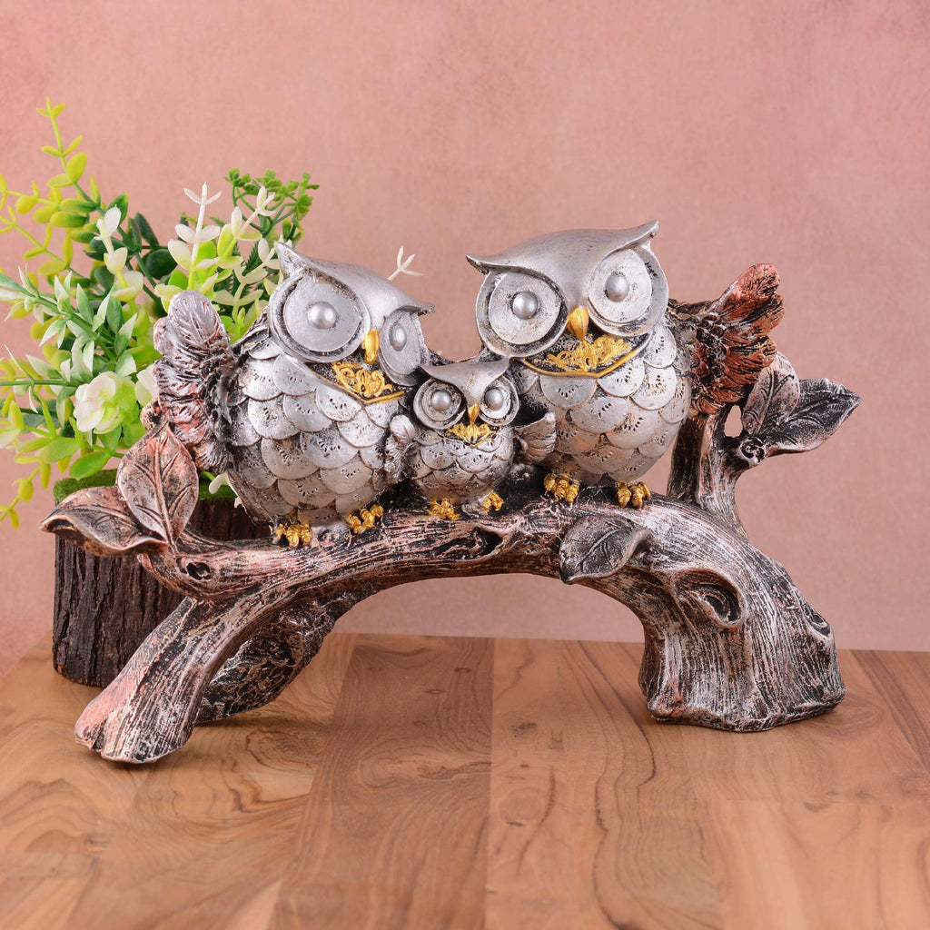 Silver Owl Family Figurine on Tree Branch – Handcrafted Resin Owl Sculpture for Home Décor & Gift (BLACKLUXE CRAFTS) - BLACKLUXECRAFTS