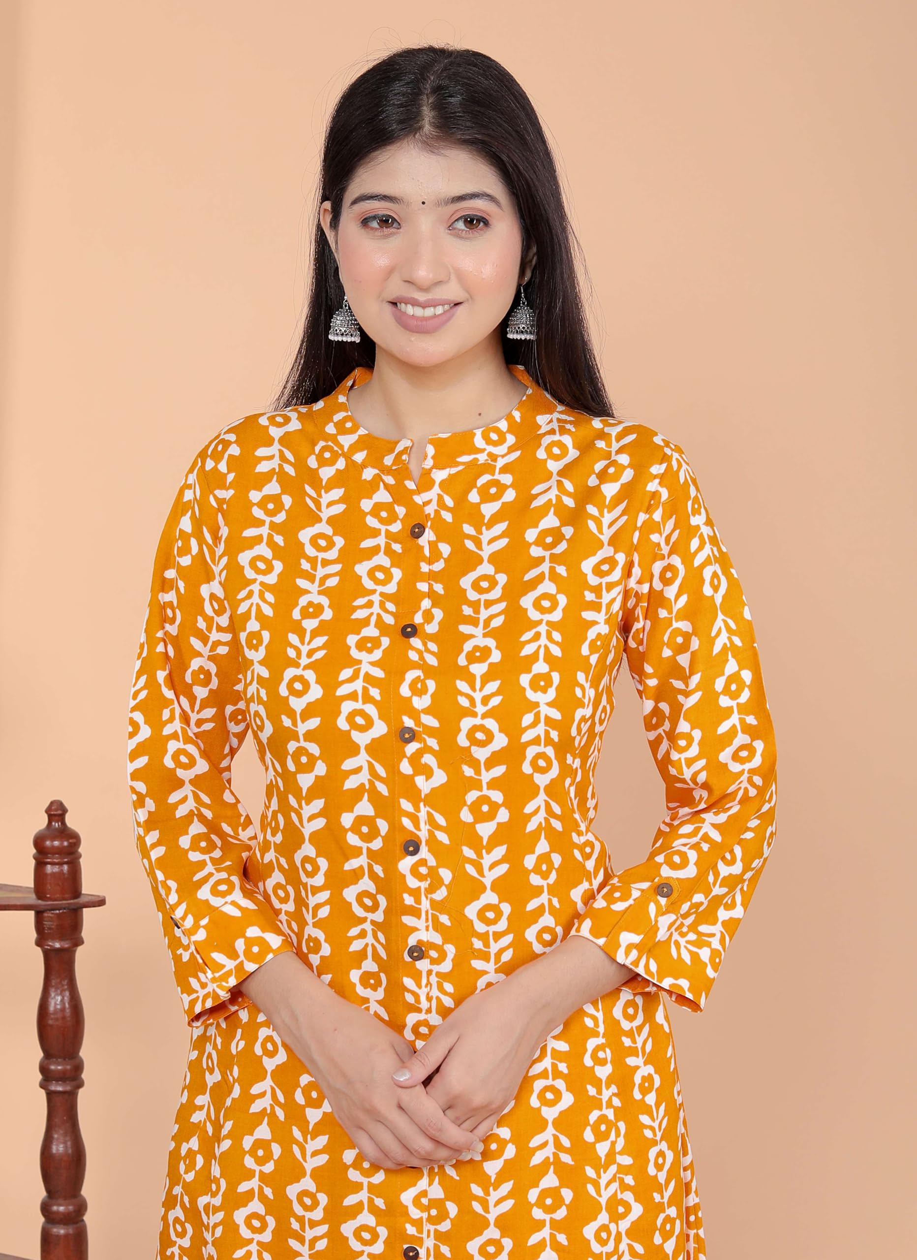 Women's Cotton Floral Printed Mandarin Collar A-Line Kurti with Pant (Orange) (BLACKLUXE CRAFTS) - BLACKLUXECRAFTS