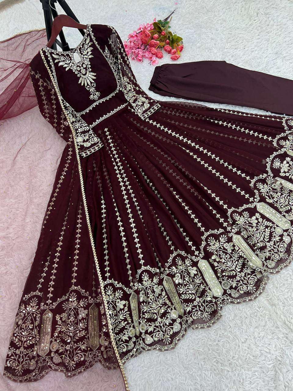 Women's Faux Georgette Embroidered Sequence Work Anarkali Kurti Gown with Net Dupatta (BLACKLUXE CRAFTS) - BLACKLUXECRAFTS
