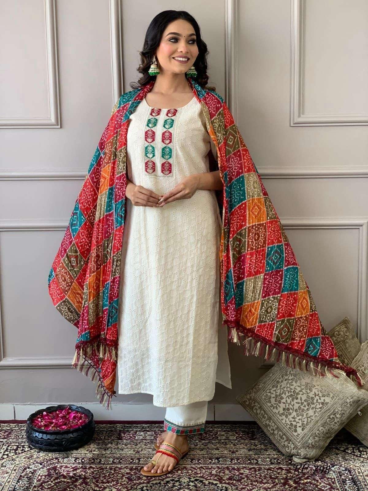 White Cotton Kurta Set with Multicolor Bandhani Dupatta | Indian Pakistani Ethnic Wear for Women (BLACKLUXE CRAFTS) - BLACKLUXECRAFTS