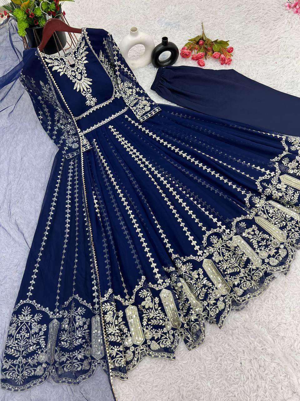 Women's Faux Georgette Embroidered Sequence Work Anarkali Kurti Gown with Net Dupatta (BLACKLUXE CRAFTS) - BLACKLUXECRAFTS