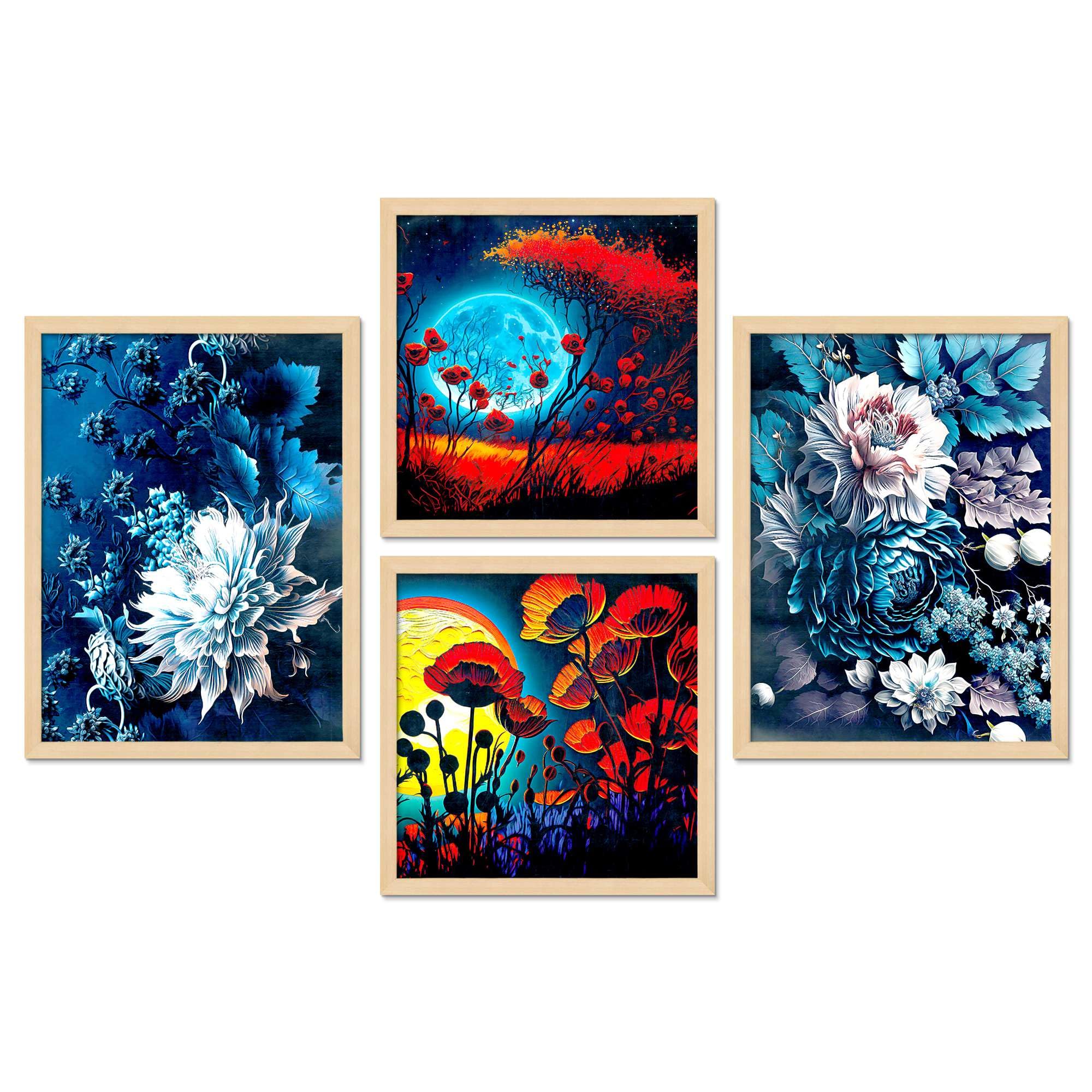 Floral Moonlight Wall Art Set of 4 | Vibrant Red & Blue Flower Canvas Prints | Modern Framed Artwork for Living Room, Bedroom & Office Decor
 ( 36X24 Inches ) (BLACKLUXE CRAFTS) - BLACKLUXECRAFTS