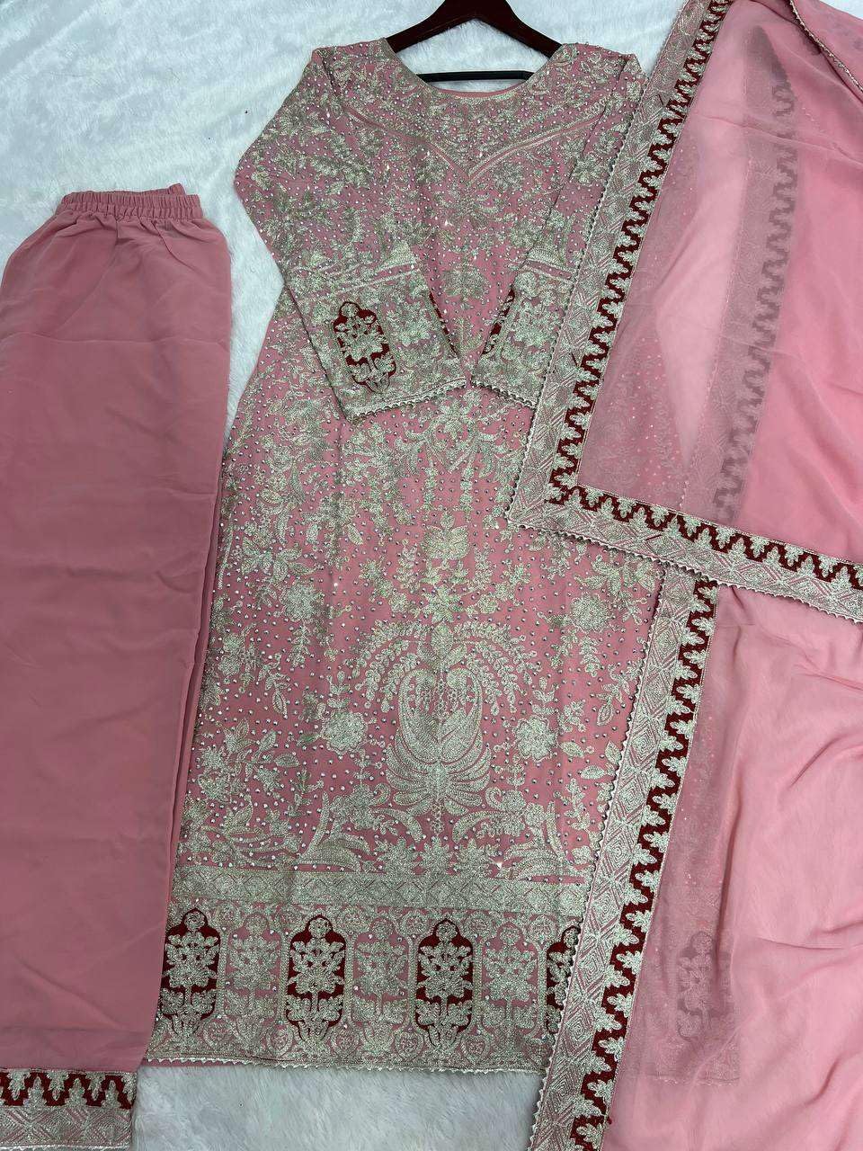 Women's Faux Georgette Embroidered Aaliya Cut Kurti With Plazzo & Dupatta Set with Diamond Handwork (BLACKLUXE CRAFTS) - BLACKLUXECRAFTS