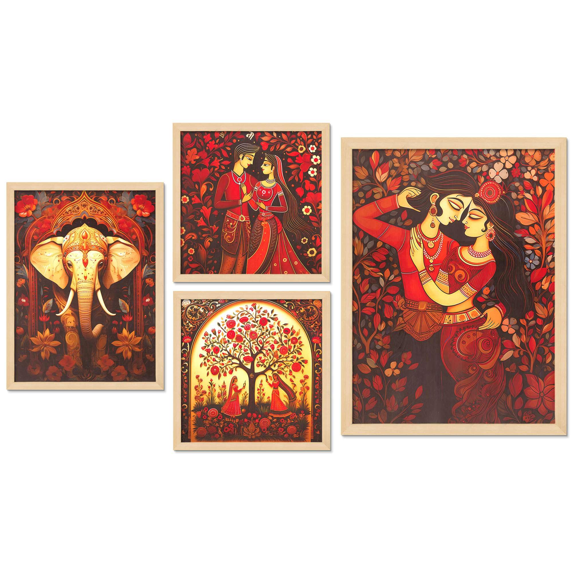 Traditional Indian Wall Art Set – Radha Krishna, Elephant & Tree of Life Paintings | Vibrant Handmade Canvas Prints for Living Room, Bedroom & Office | Spiritual Home Decor, Made in India ( 36X24 Inches ) (BLACKLUXE CRAFTS) - BLACKLUXECRAFTS