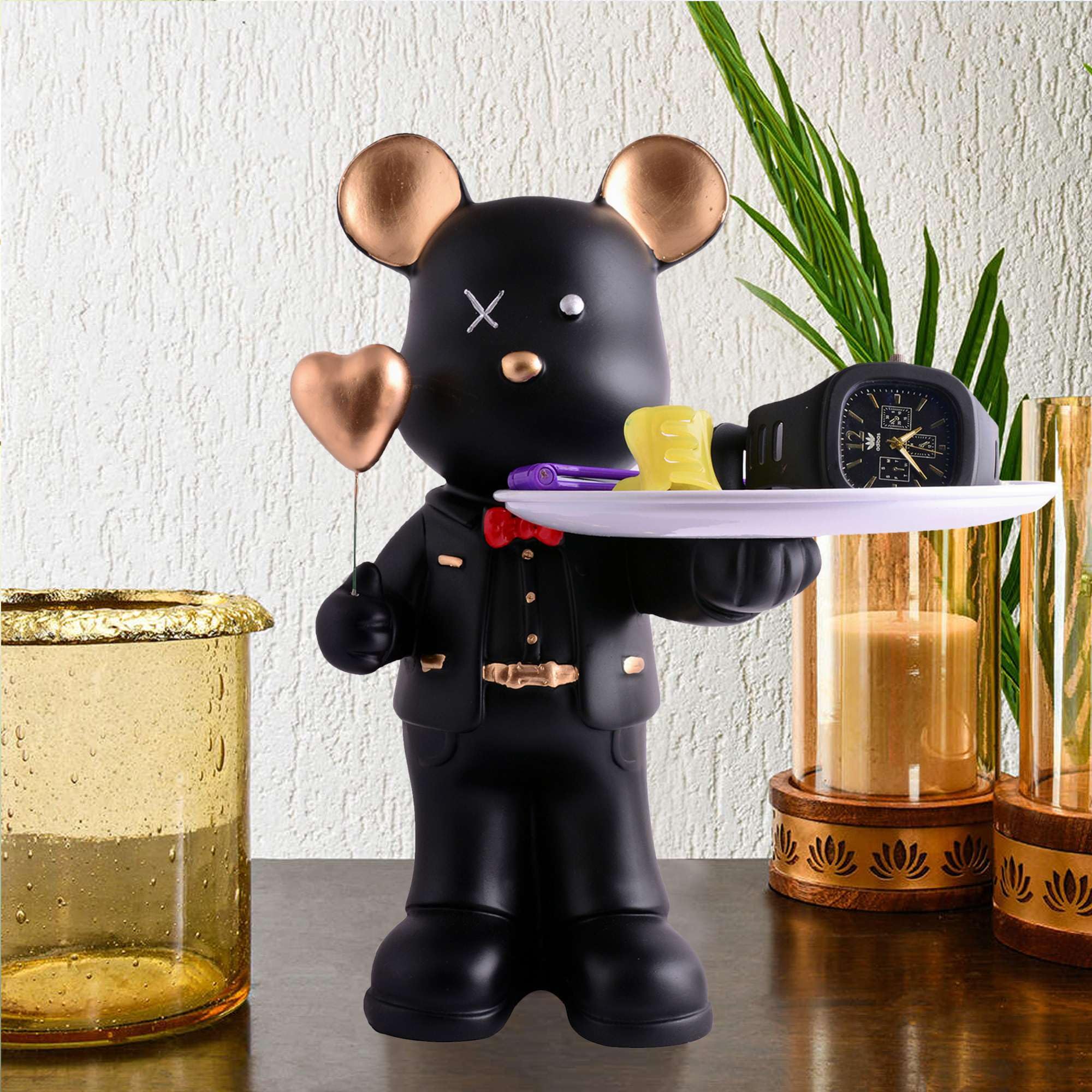 Luxury Handmade Resin Bear Tray with Heart Balloon – Black Modern Organizer for Keys, Watch, Jewelry & Snacks | Unique Home Decor Gift (BLACKLUXE CRAFTS) - BLACKLUXECRAFTS