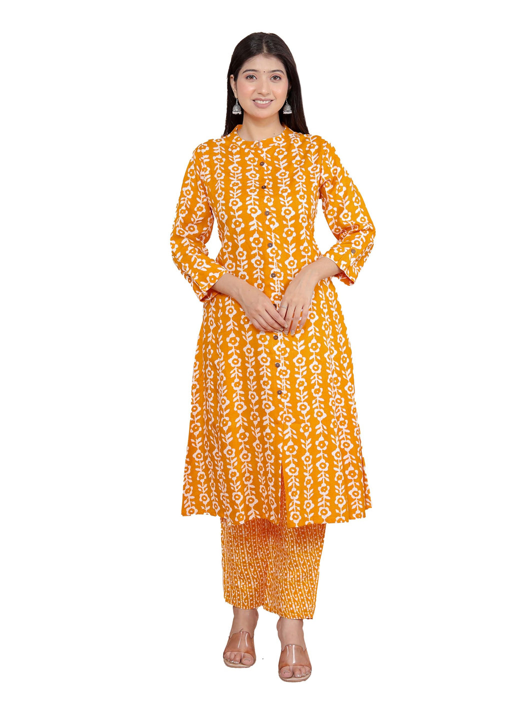 Women's Cotton Floral Printed Mandarin Collar A-Line Kurti with Pant (Orange) (BLACKLUXE CRAFTS) - BLACKLUXECRAFTS