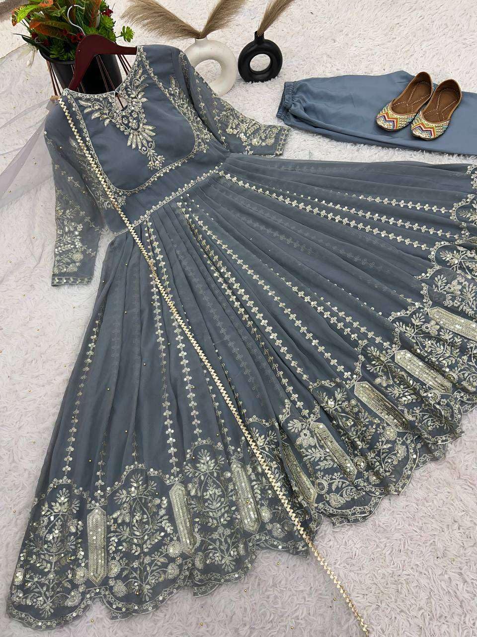Women's Faux Georgette Embroidered Sequence Work Anarkali Kurti Gown with Net Dupatta (BLACKLUXE CRAFTS) - BLACKLUXECRAFTS