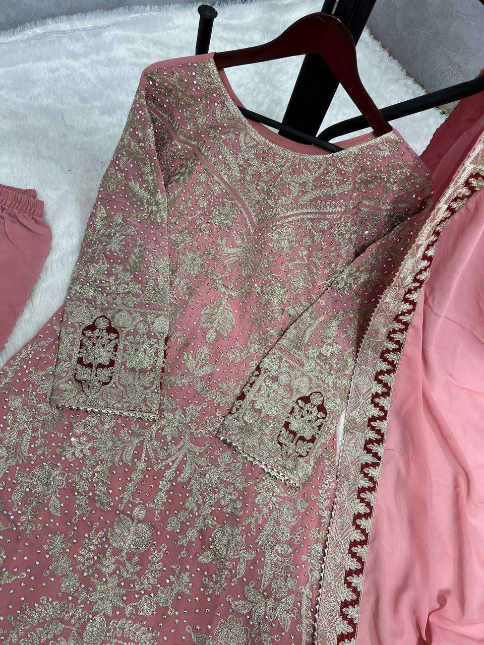 Women's Faux Georgette Embroidered Aaliya Cut Kurti With Plazzo & Dupatta Set with Diamond Handwork (BLACKLUXE CRAFTS) - BLACKLUXECRAFTS