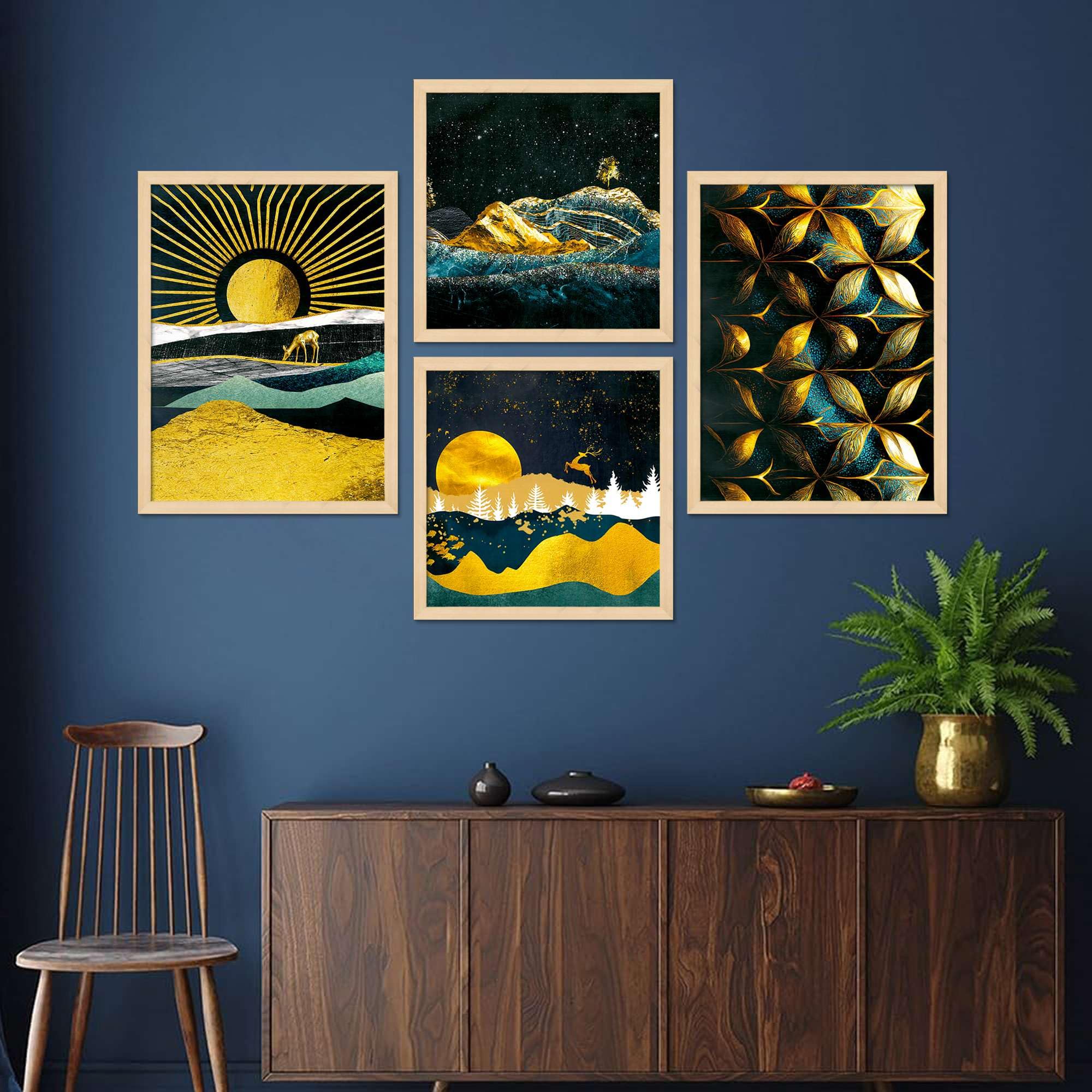 Golden Moon & Abstract Wall Art Set of 4 | Luxury Gold & Blue Landscape Canvas Prints | Modern Framed Artwork for Living Room, Bedroom & Office Decor ( 36X24 Inches ) (BLACKLUXE CRAFTS) - BLACKLUXECRAFTS