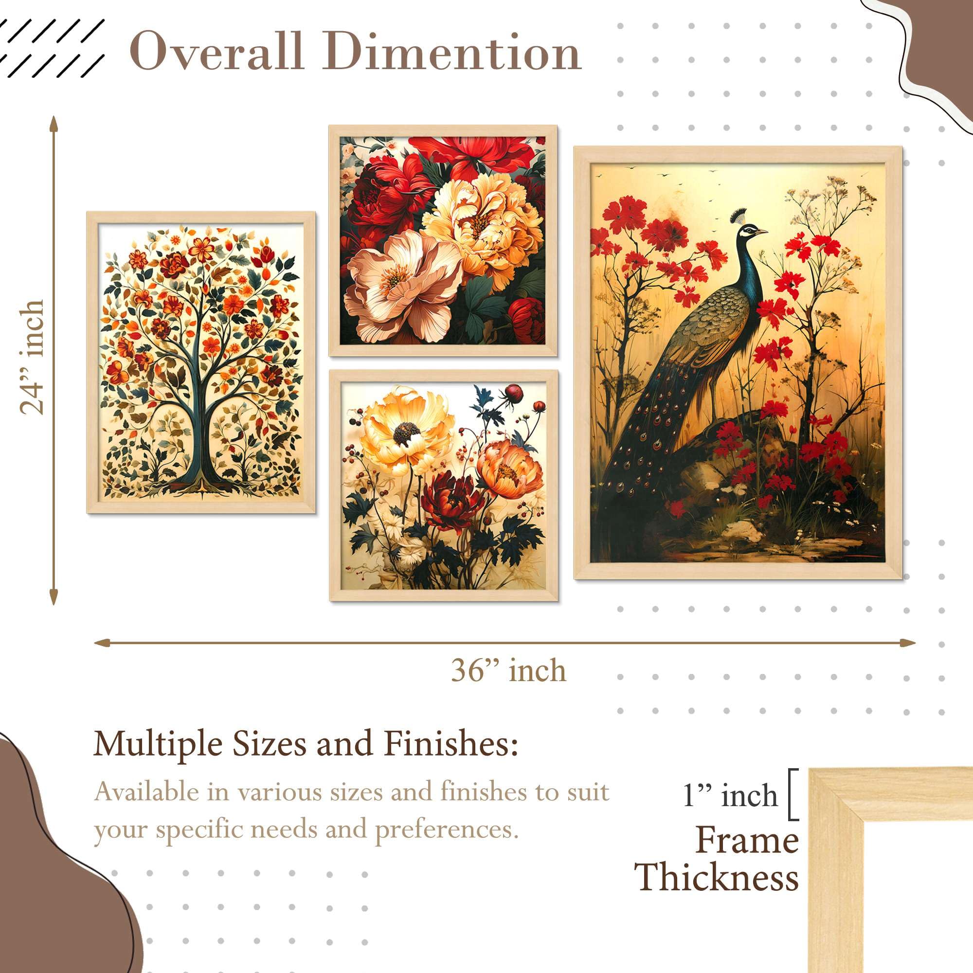 Peacock & Floral Wall Art Set – Traditional Indian Nature-Inspired Canvas Paintings | Elegant Home Decor for Living Room, Bedroom & Office | Handmade in India ( 36X24 Inches ) (BLACKLUXE CRAFTS) - BLACKLUXECRAFTS