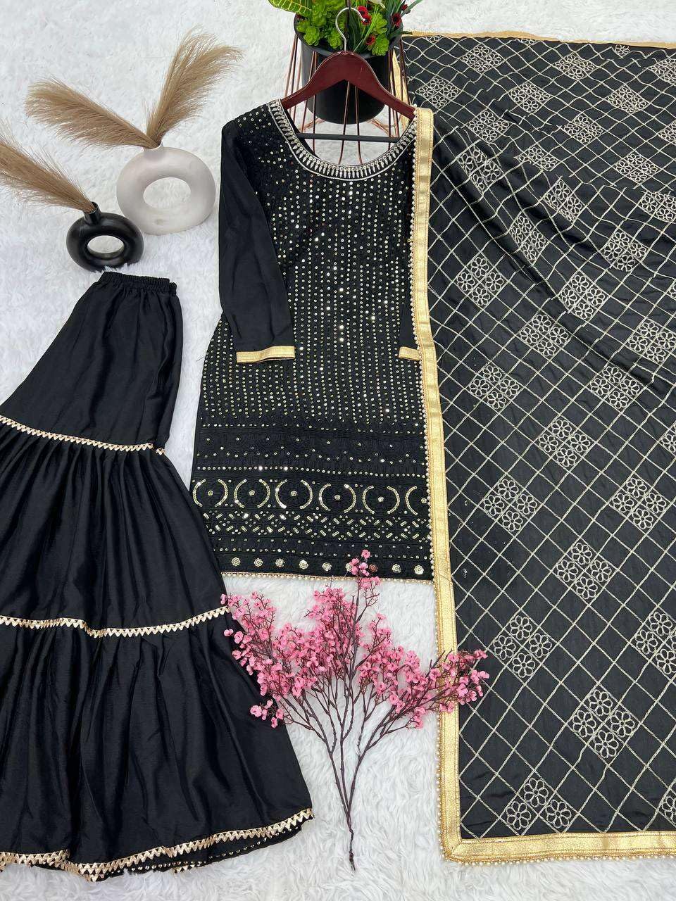 Georgette Sharara Suit with Mirror Work & Embroidered Dupatta | Party Wear Indian Ethnic Set (BLACKLUXE CRAFTS) - BLACKLUXECRAFTS
