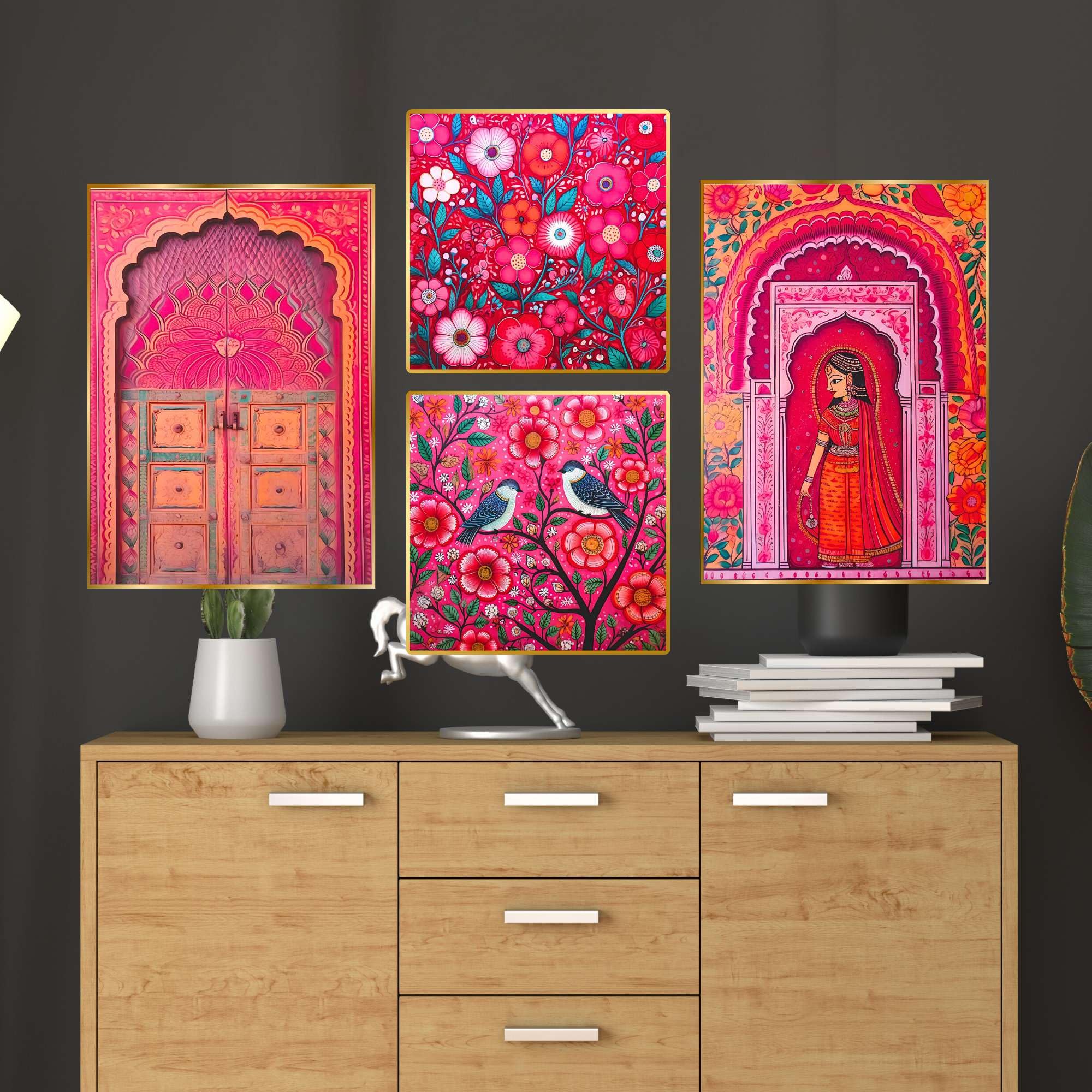 Set of Four Wall Paintings for Wall Decoration Golden Framed Wall Paintings for Living Room & Bedroom Wall Art for Home Decoration & Office Wall Décor (BLACKLUXE CRAFTS) - BLACKLUXECRAFTS