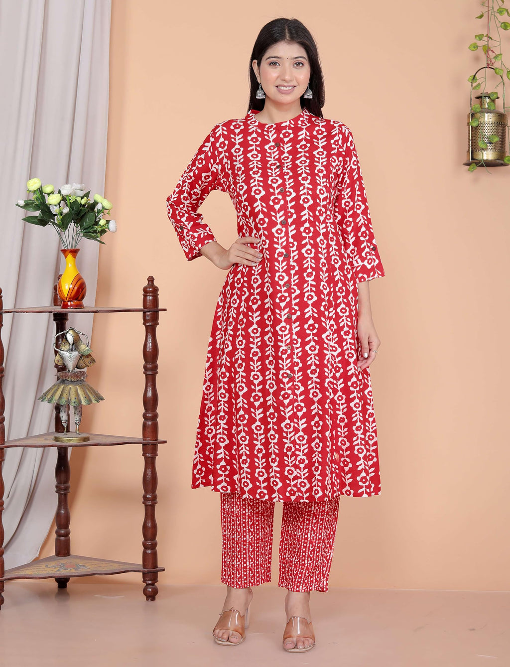 Women's Rayon Floral Printed Mandarin Collar A-Line Kurti with Trousers (Red)(BLACKLUXE CRAFTS) - BLACKLUXECRAFTS