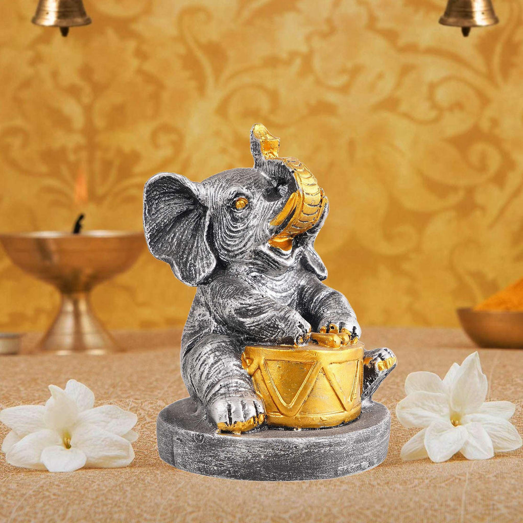 Silver Elephant Drummer Figurine – Handcrafted Resin Elephant Playing Drum Statue for Home Décor & Spiritual Gift (BLACKLUXE CRAFTS) - BLACKLUXECRAFTS