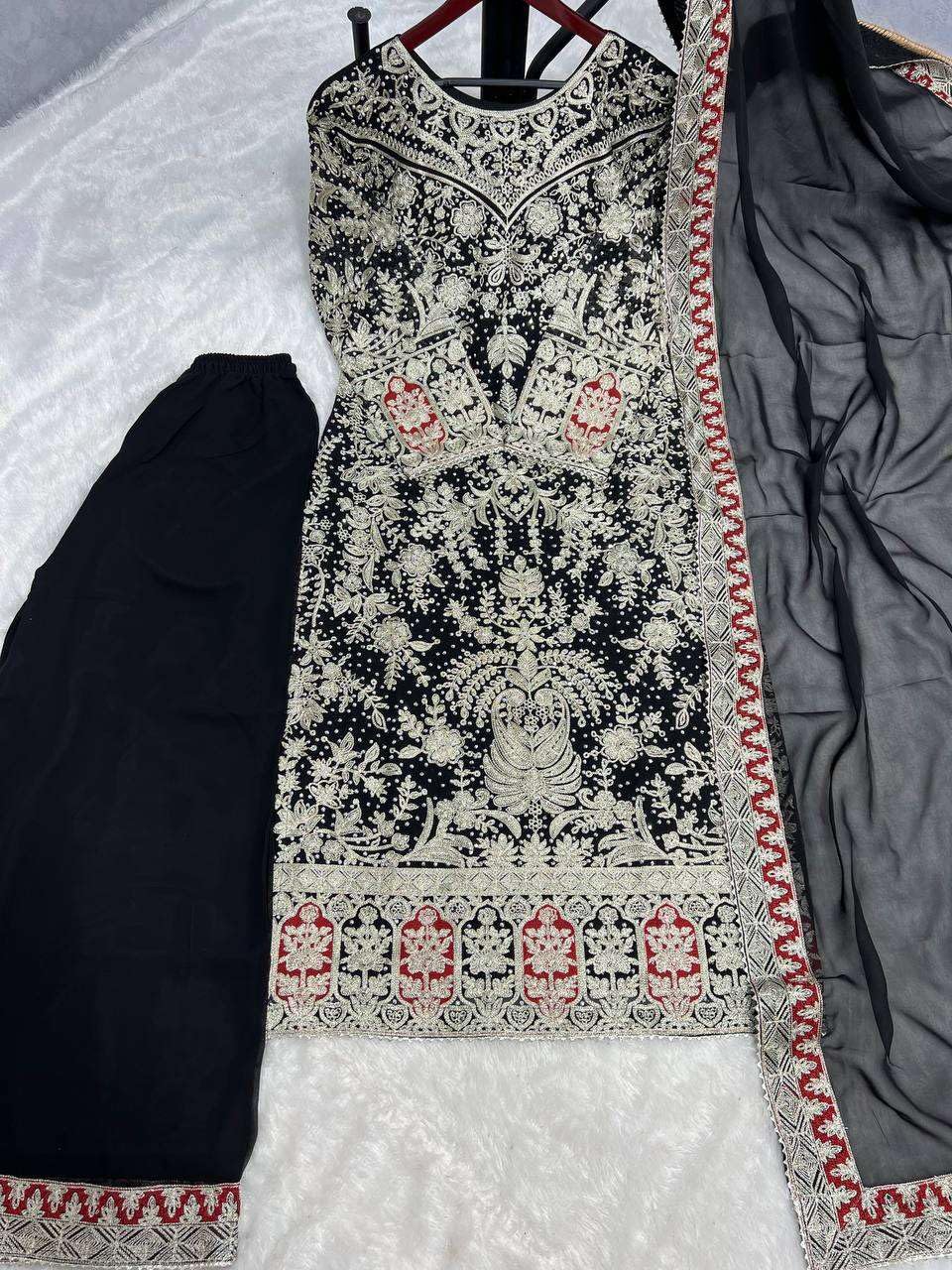 Women's Faux Georgette Embroidered Aaliya Cut Kurti With Plazzo & Dupatta Set with Diamond Handwork (BLACKLUXE CRAFTS) - BLACKLUXECRAFTS