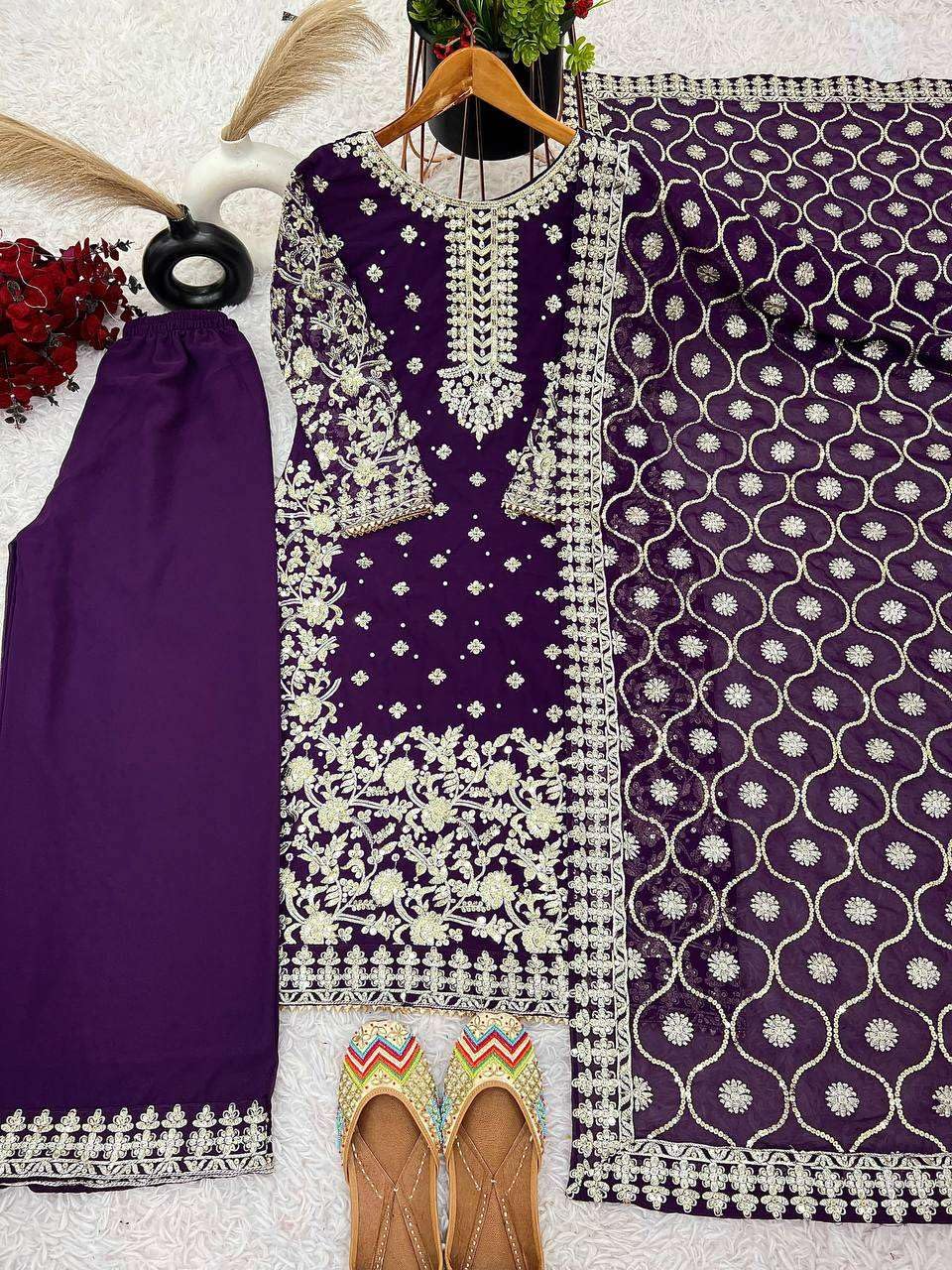 Women's Faux Georgette Embroidered Full Sleeve Straight Kurti with Pant & Dupatta Set (BLACKLUXE CRAFTS) - BLACKLUXECRAFTS