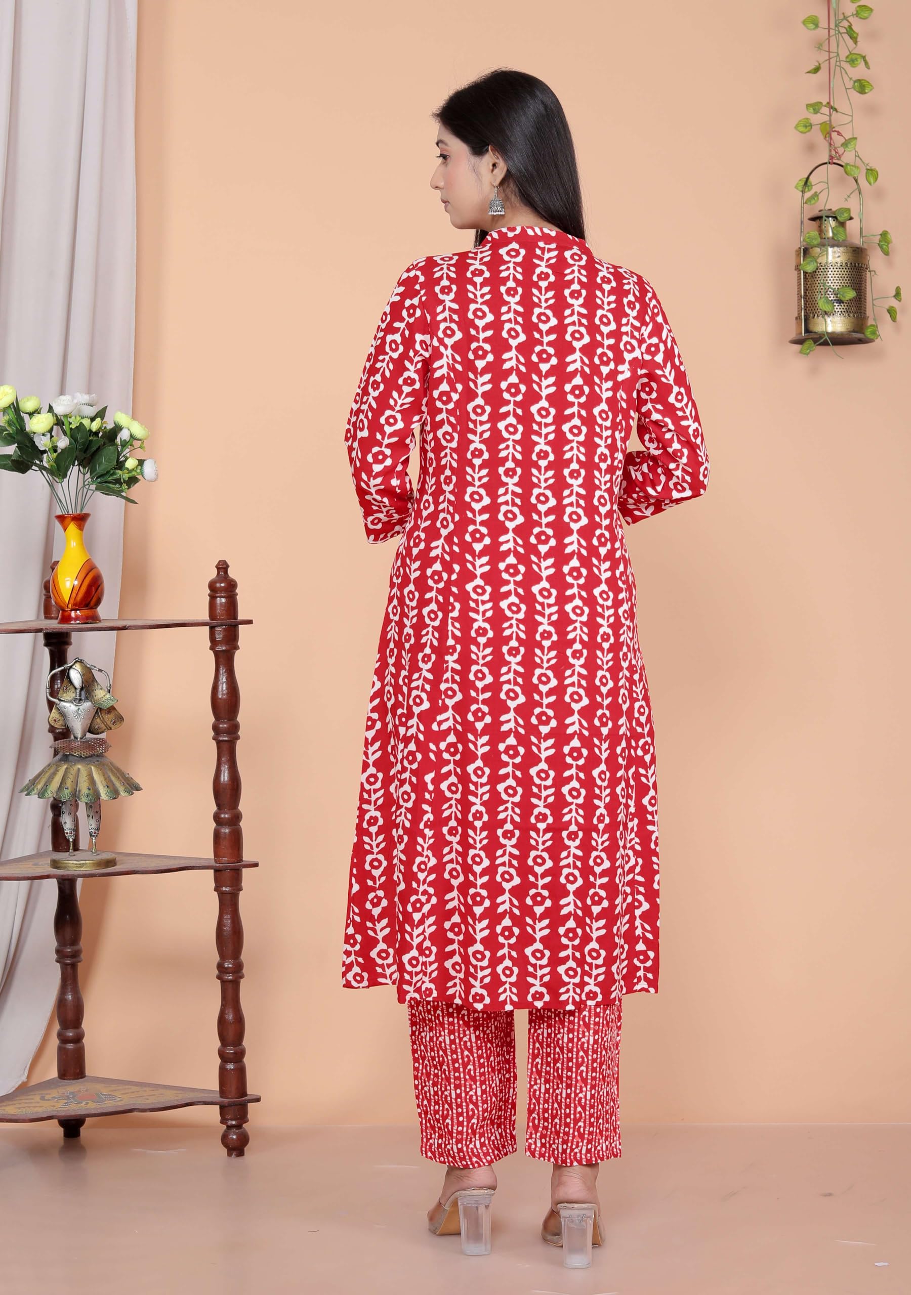 Women's Rayon Floral Printed Mandarin Collar A-Line Kurti with Trousers (Red)(BLACKLUXE CRAFTS) - BLACKLUXECRAFTS