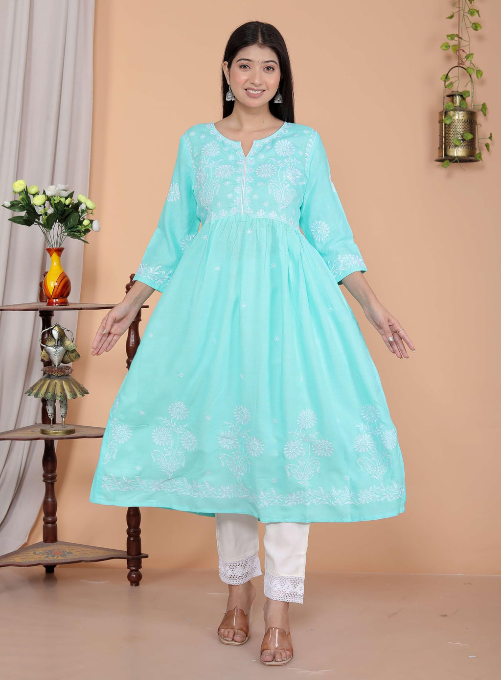 Women's Rayon Embroidered vcut Collar Anarkali Kurti with Pant (Sky Blue) (BLACKLUXE CRAFTS) - BLACKLUXECRAFTS