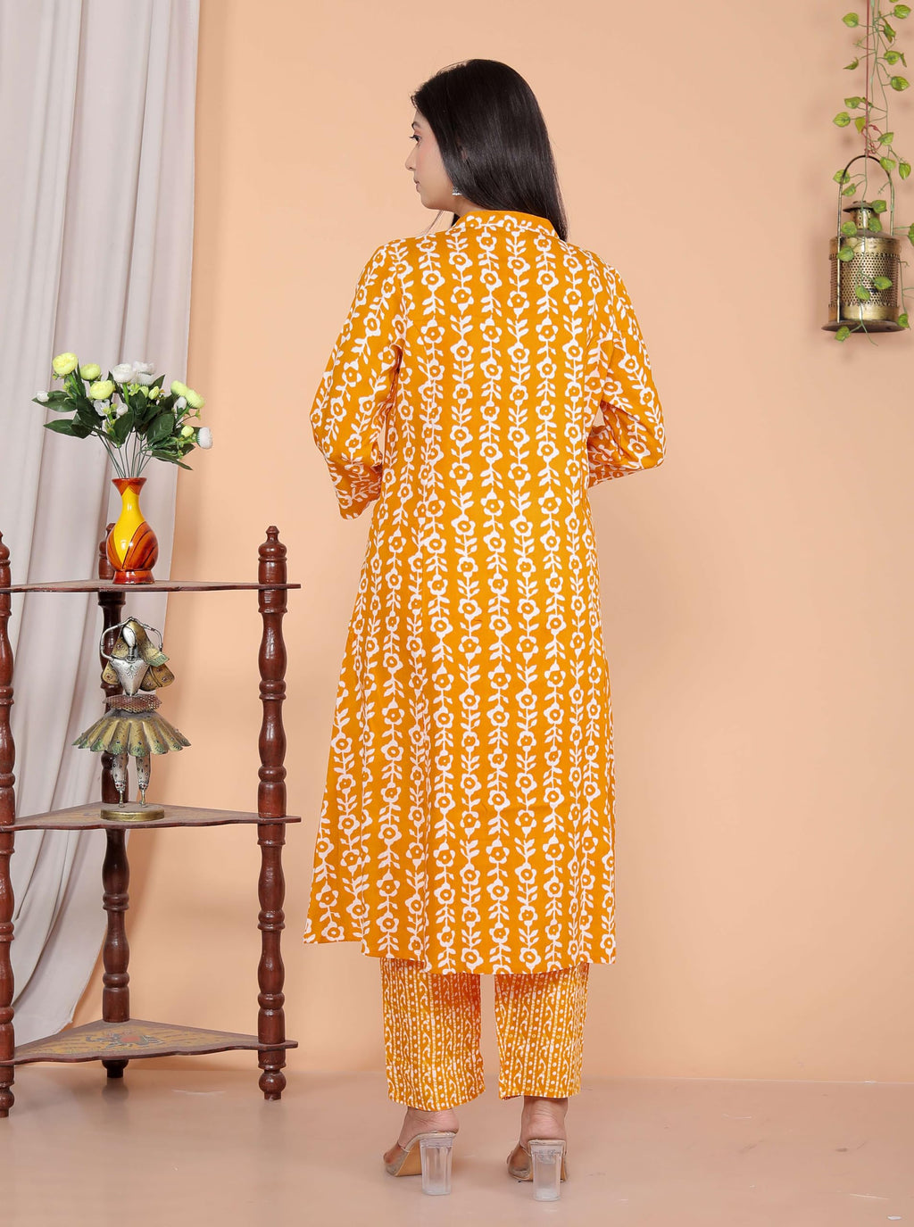 Women's Cotton Floral Printed Mandarin Collar A-Line Kurti with Pant (Orange) (BLACKLUXE CRAFTS) - BLACKLUXECRAFTS