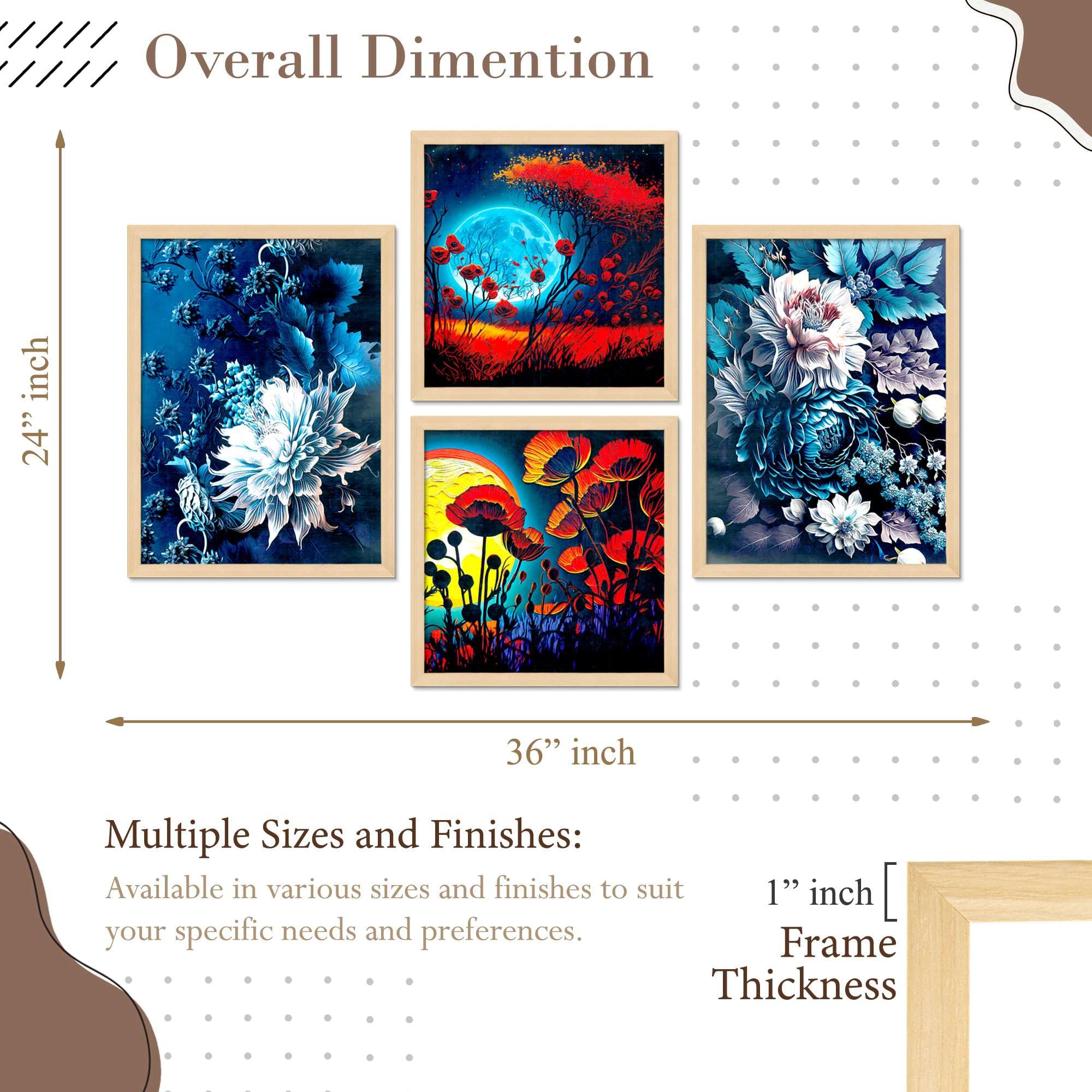 Floral Moonlight Wall Art Set of 4 | Vibrant Red & Blue Flower Canvas Prints | Modern Framed Artwork for Living Room, Bedroom & Office Decor
 ( 36X24 Inches ) (BLACKLUXE CRAFTS) - BLACKLUXECRAFTS