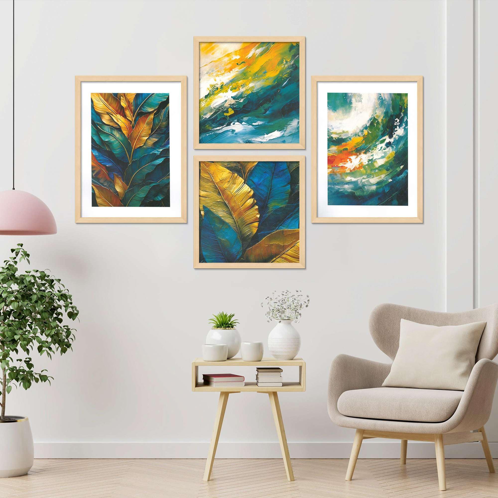 Abstract Leaf & Ocean Wall Art Set – Modern Nature Canvas Prints in Blue, Green & Gold | Luxury Home Décor for Living Room, Bedroom & Office | Handmade in India ( 36X24 Inches ) (BLACKLUXE CRAFTS) - BLACKLUXECRAFTS