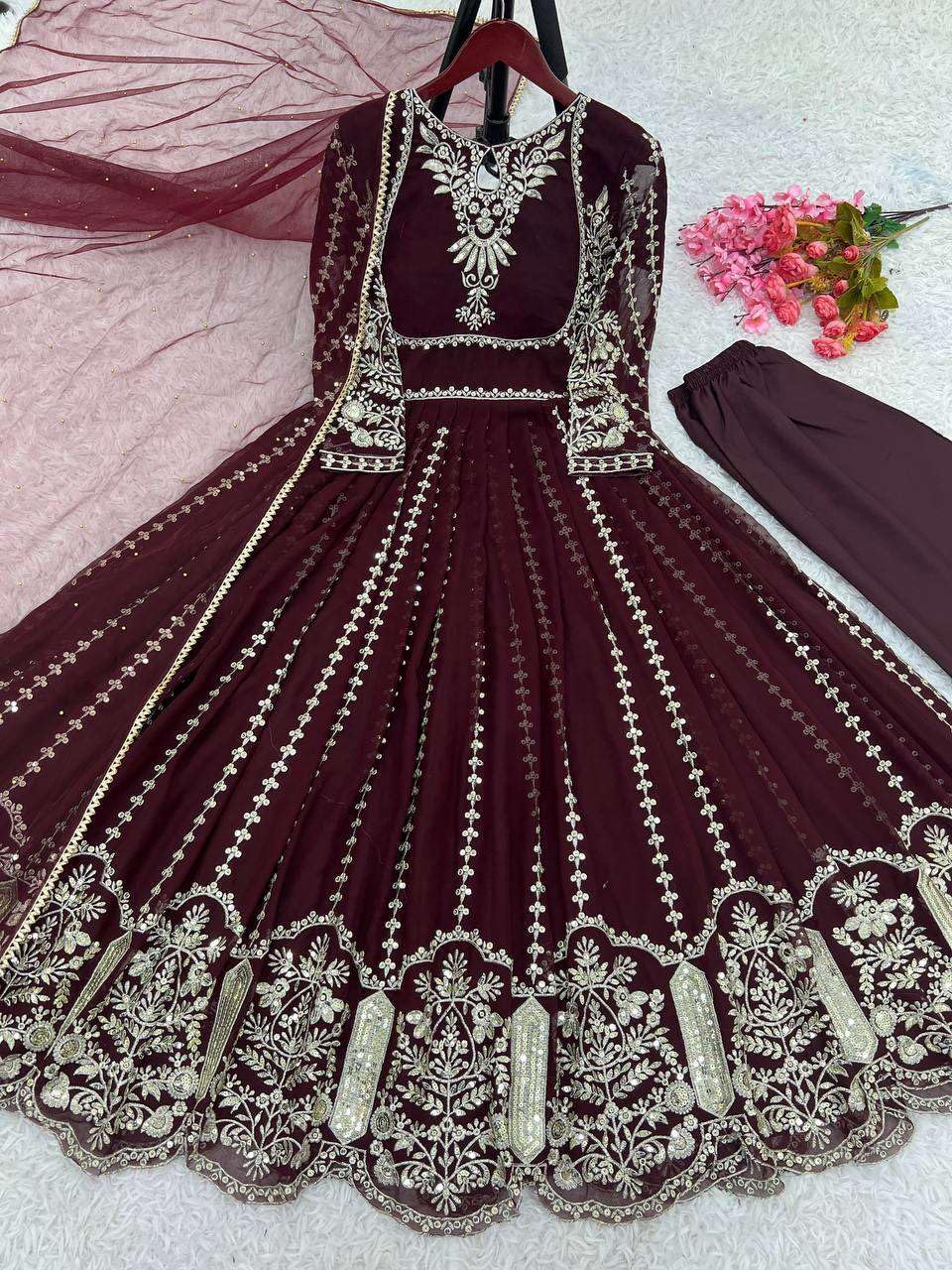 Women's Faux Georgette Embroidered Sequence Work Anarkali Kurti Gown with Net Dupatta (BLACKLUXE CRAFTS) - BLACKLUXECRAFTS